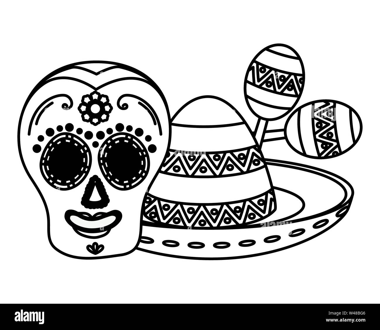 day of the dead skull mask with mexican hat and maracas Stock Vector ...