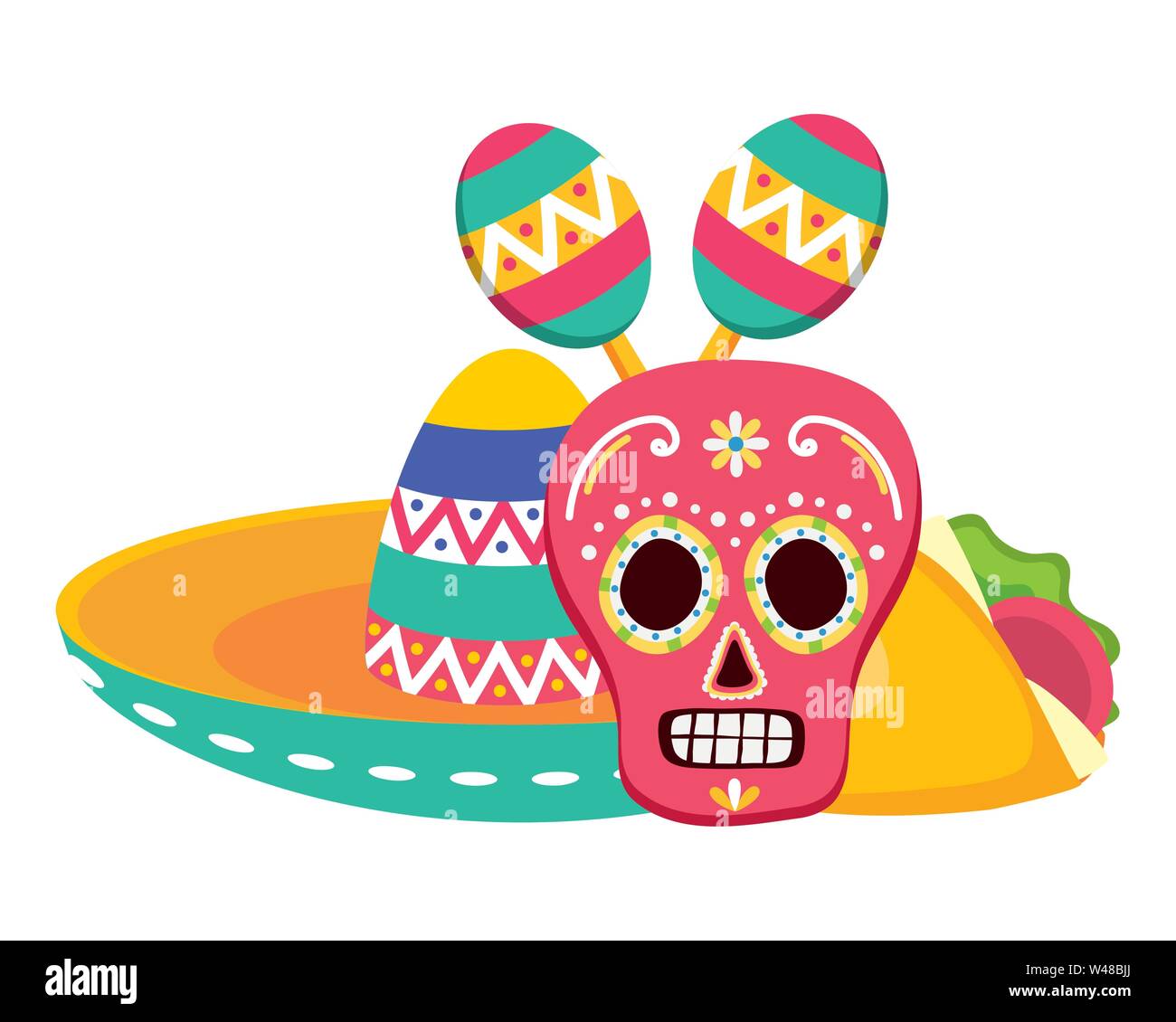 day of the dead skull mask with mexican hat and maracas Stock Vector ...