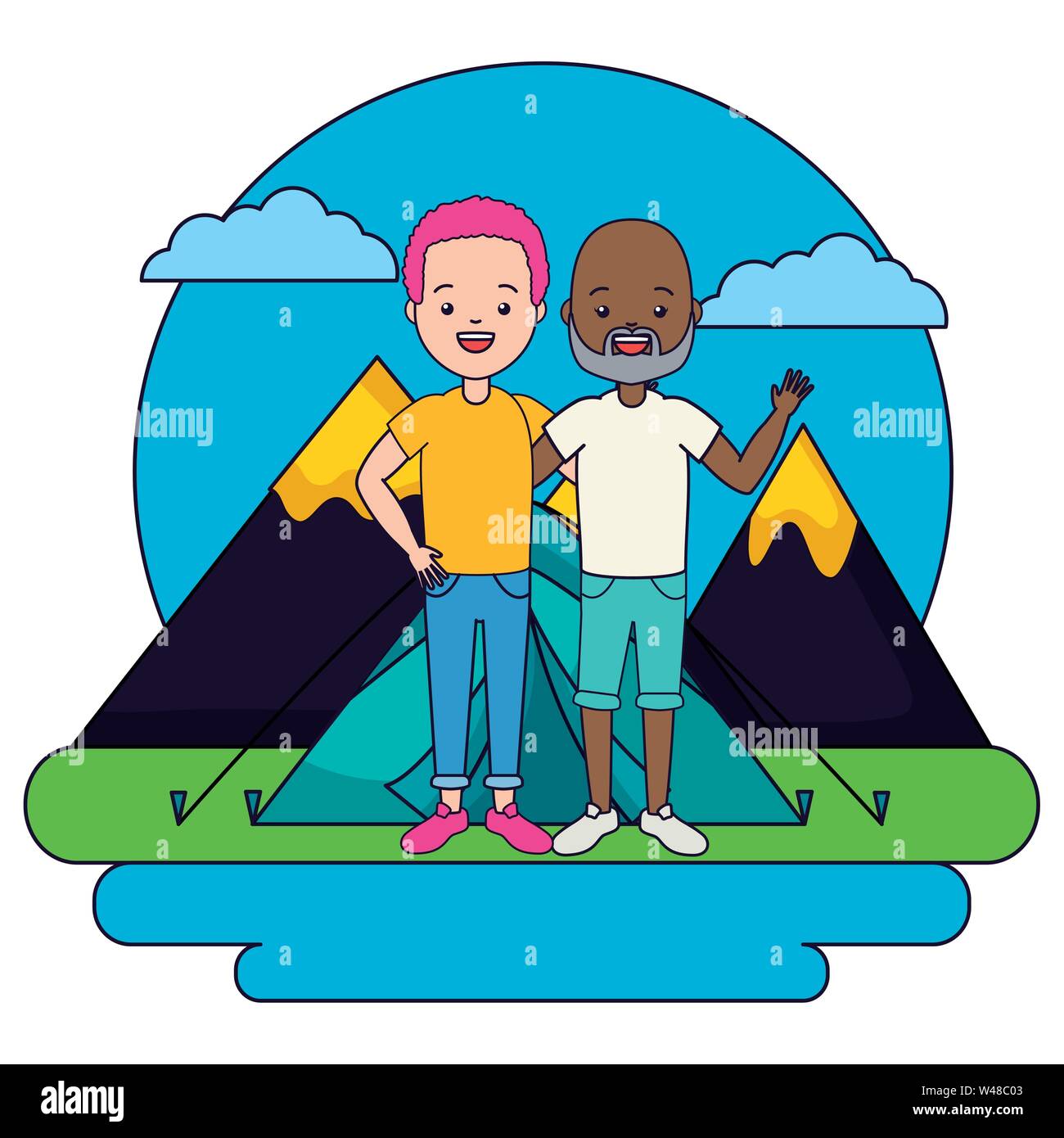 two men camping tent mountains landscape Stock Vector