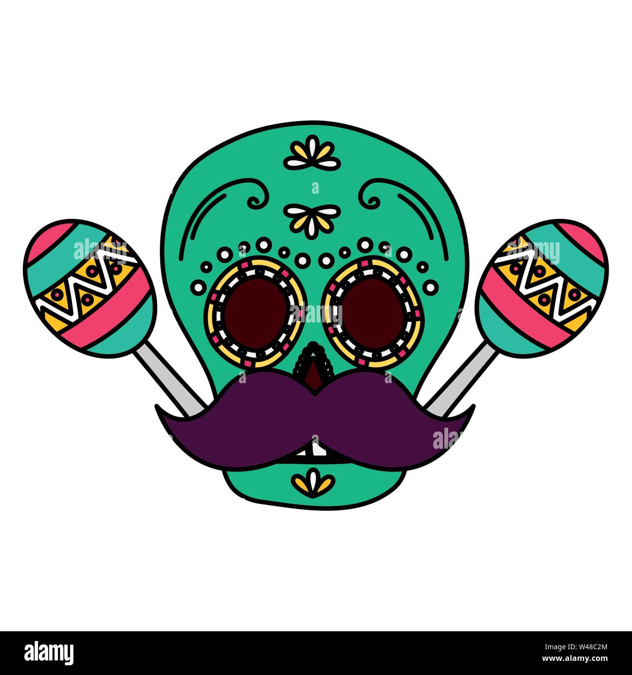 day of the dead skull mask with mustache and maracas Stock Vector Image ...