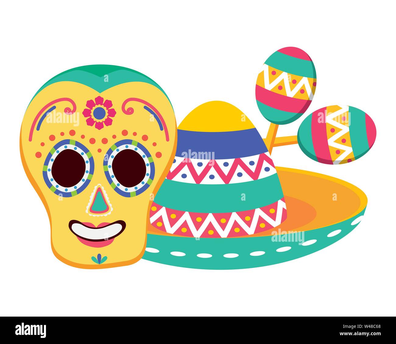day of the dead skull mask with mexican hat and maracas Stock Vector ...