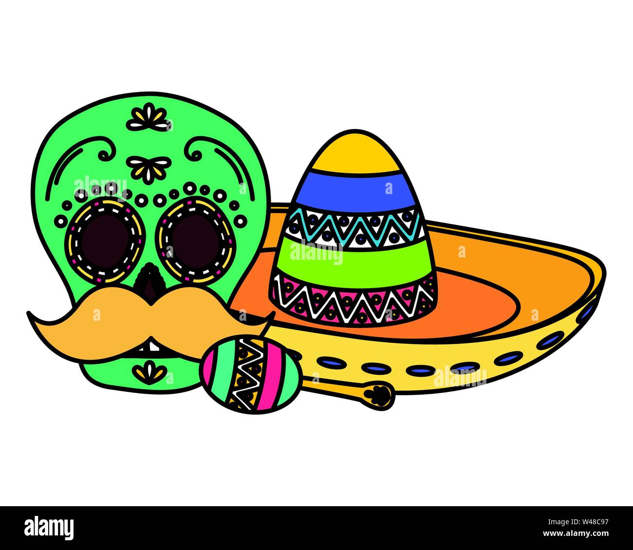 day of the dead skull mask with mexican hat and maracas Stock Vector ...