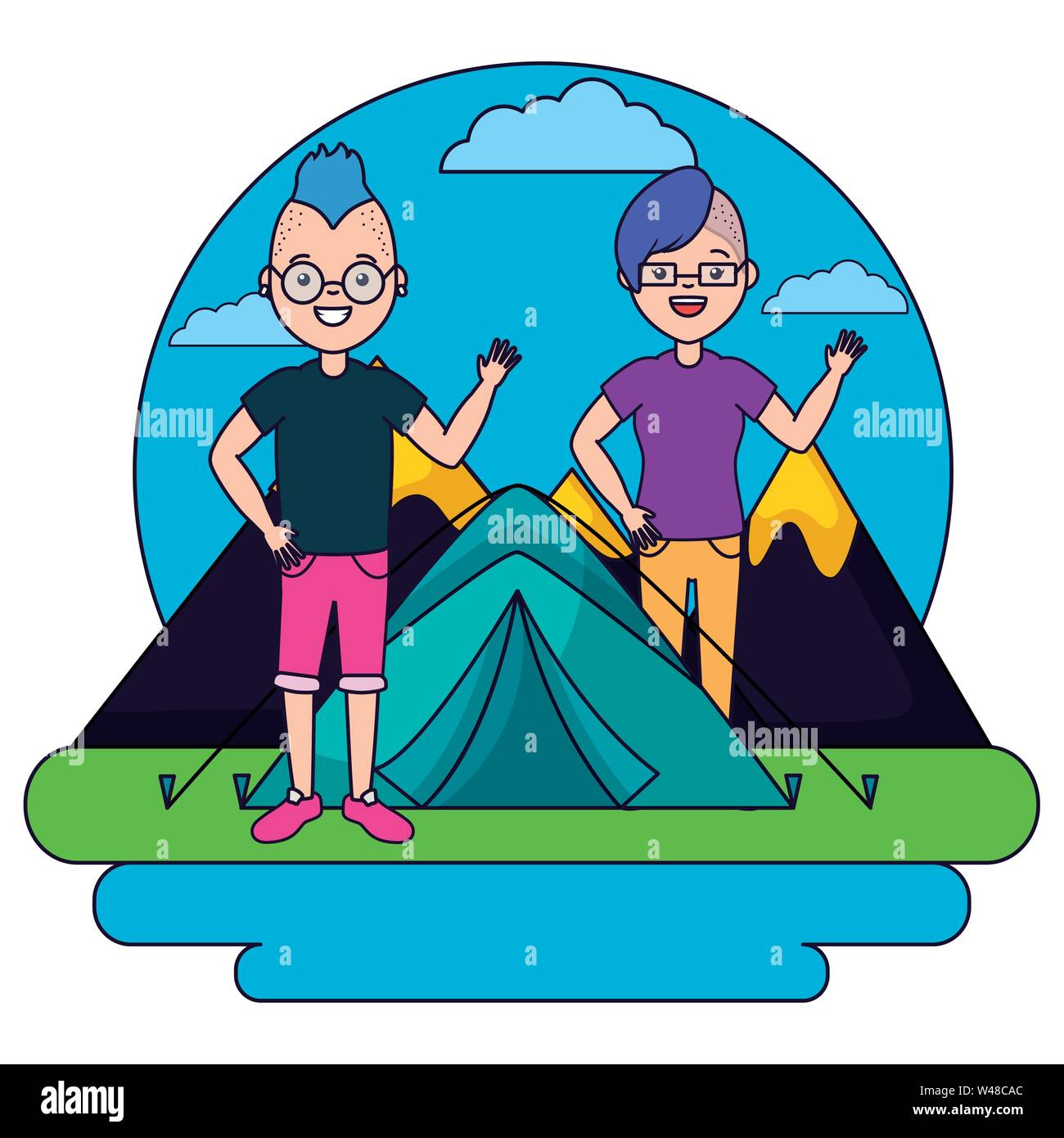 young man and woman camping forest mountains Stock Vector Image & Art ...
