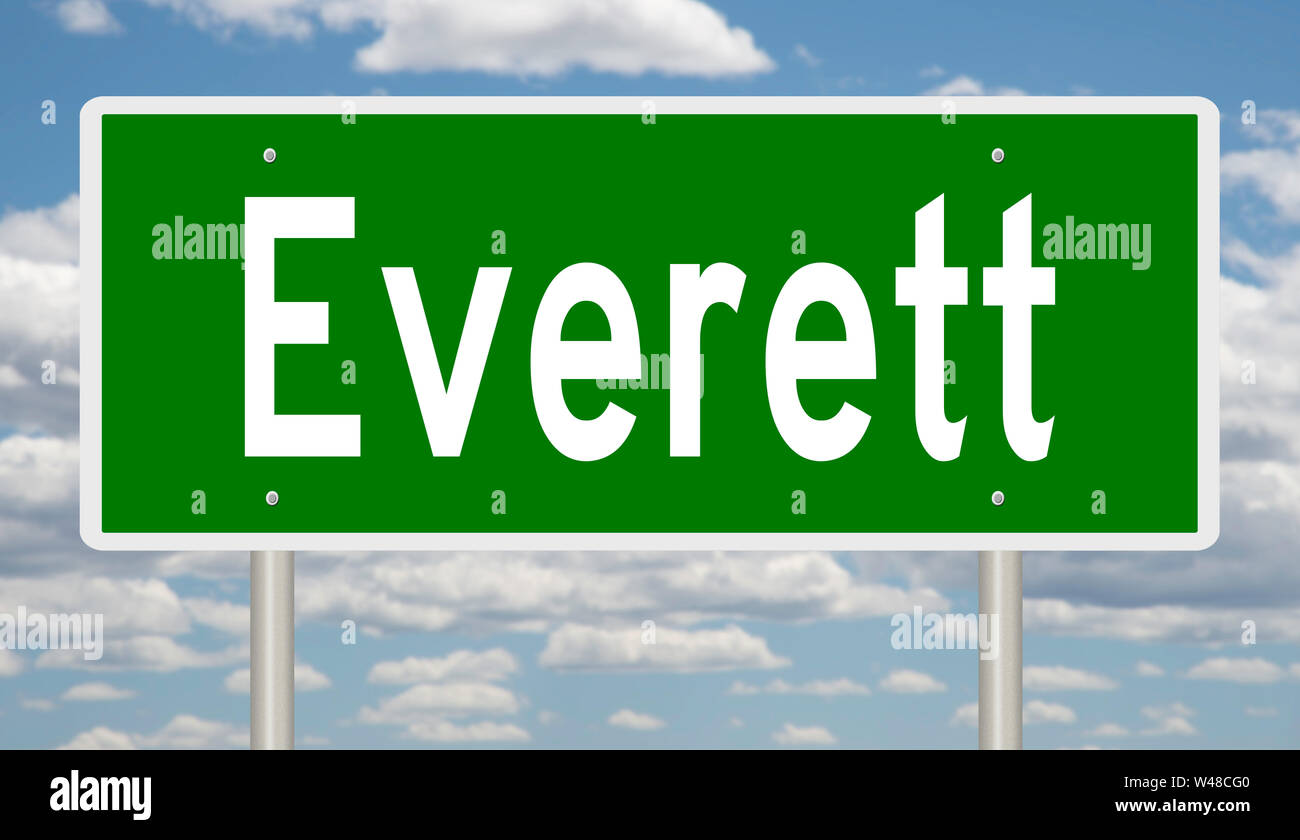 Rendering of a green highway sign for Everett Washington Stock Photo
