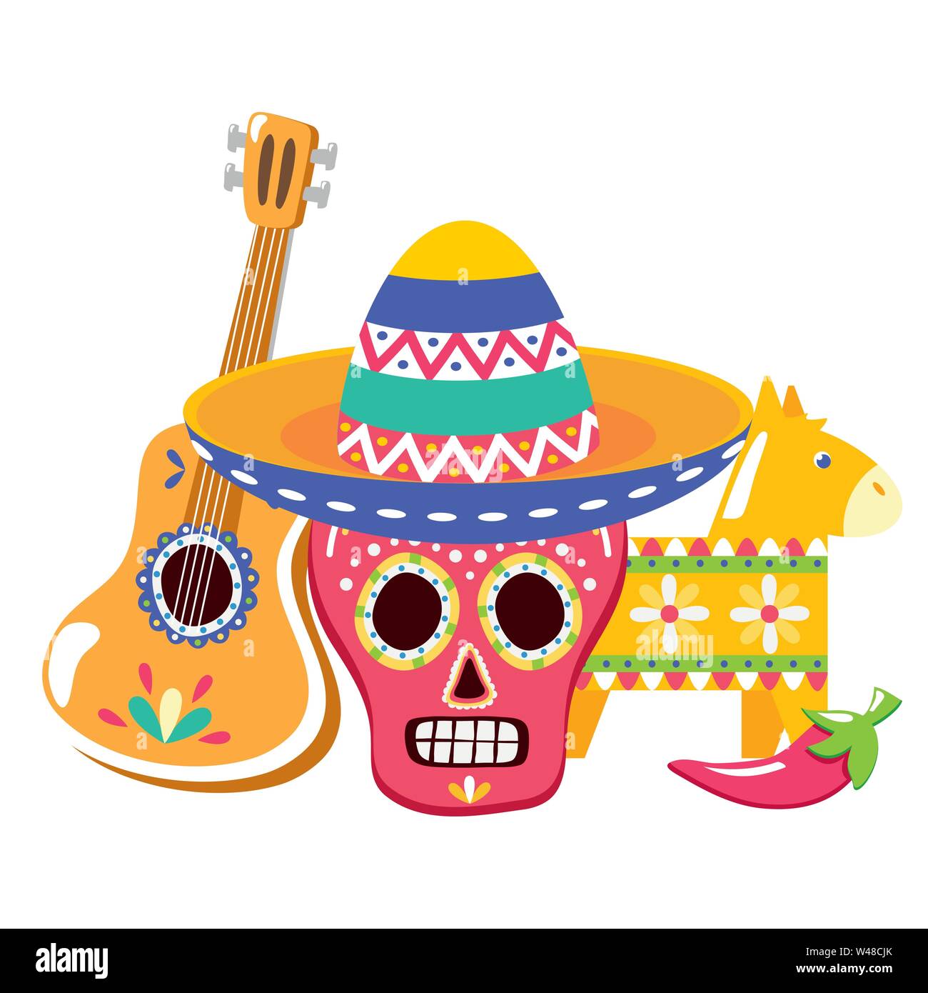 day of the dead skull mask with guitar and pinata Stock Vector Image ...