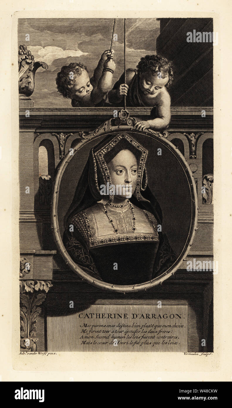 Two boys hoisting a portrait of Catherine of Aragon, Queen of England and first wife of Henry VIII. In English hood or gable hood headdress. Catherine d’Arragon. Copperplate engraving by Cornelis Vermeulen after Adriaen van der Werff from Isaac de Larrey’s Histoire d’Angleterre, d’Ecosse et d’Irlande, Reinier Leers, Rotterdam, 1713. Stock Photo