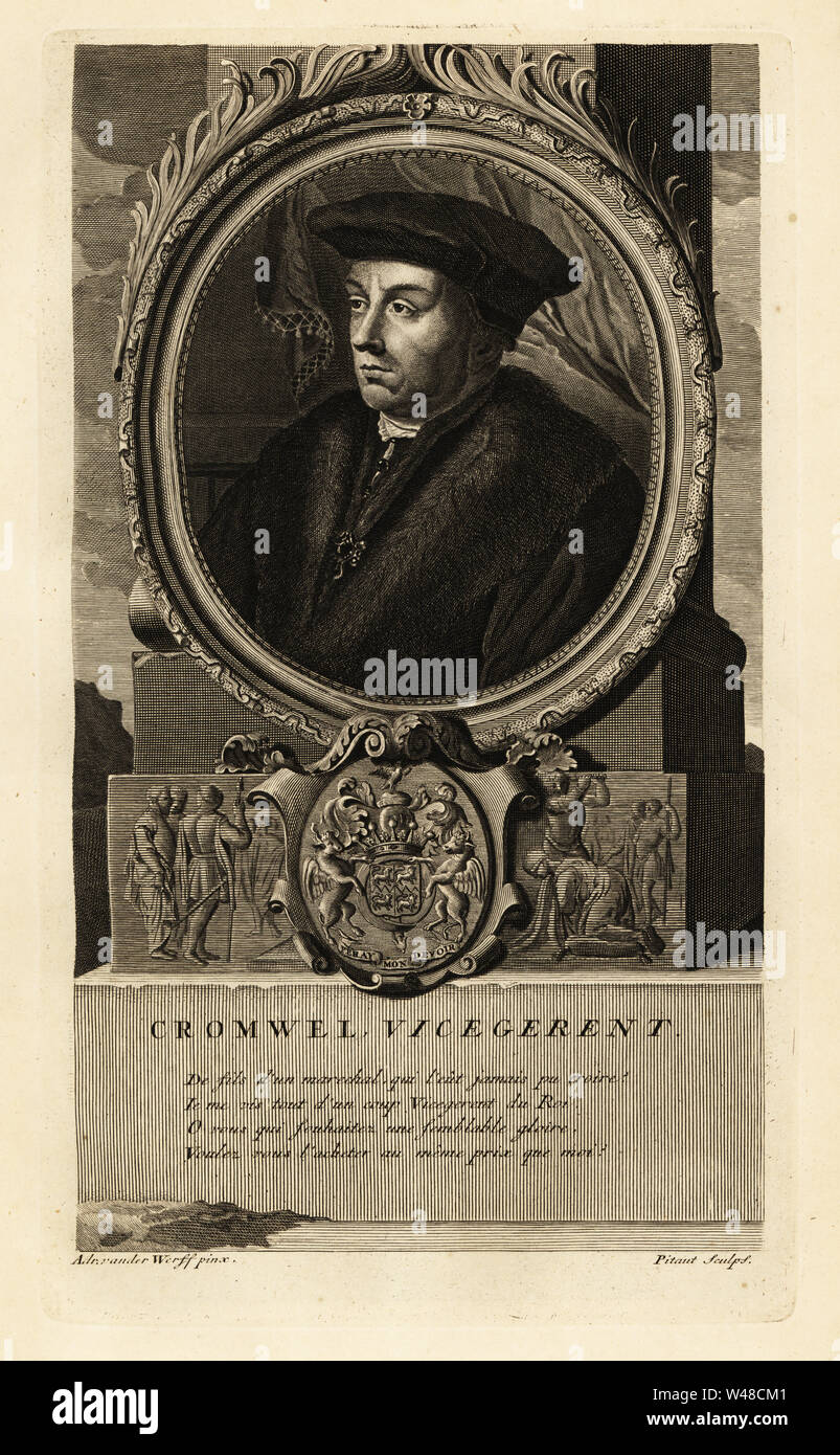 Portrait of Thomas Cromwell, 1st Earl of Essex, English lawyer and statesman to King Henry VIII. With coat of arms and vignette of execution by beheading. Cromwell Vice Regent. Copperplate engraving by Nicholas Pitaut after Adriaen van der Werff from Isaac de Larrey’s Histoire d’Angleterre, d’Ecosse et d’Irlande, Reinier Leers, Rotterdam, 1713. Stock Photo
