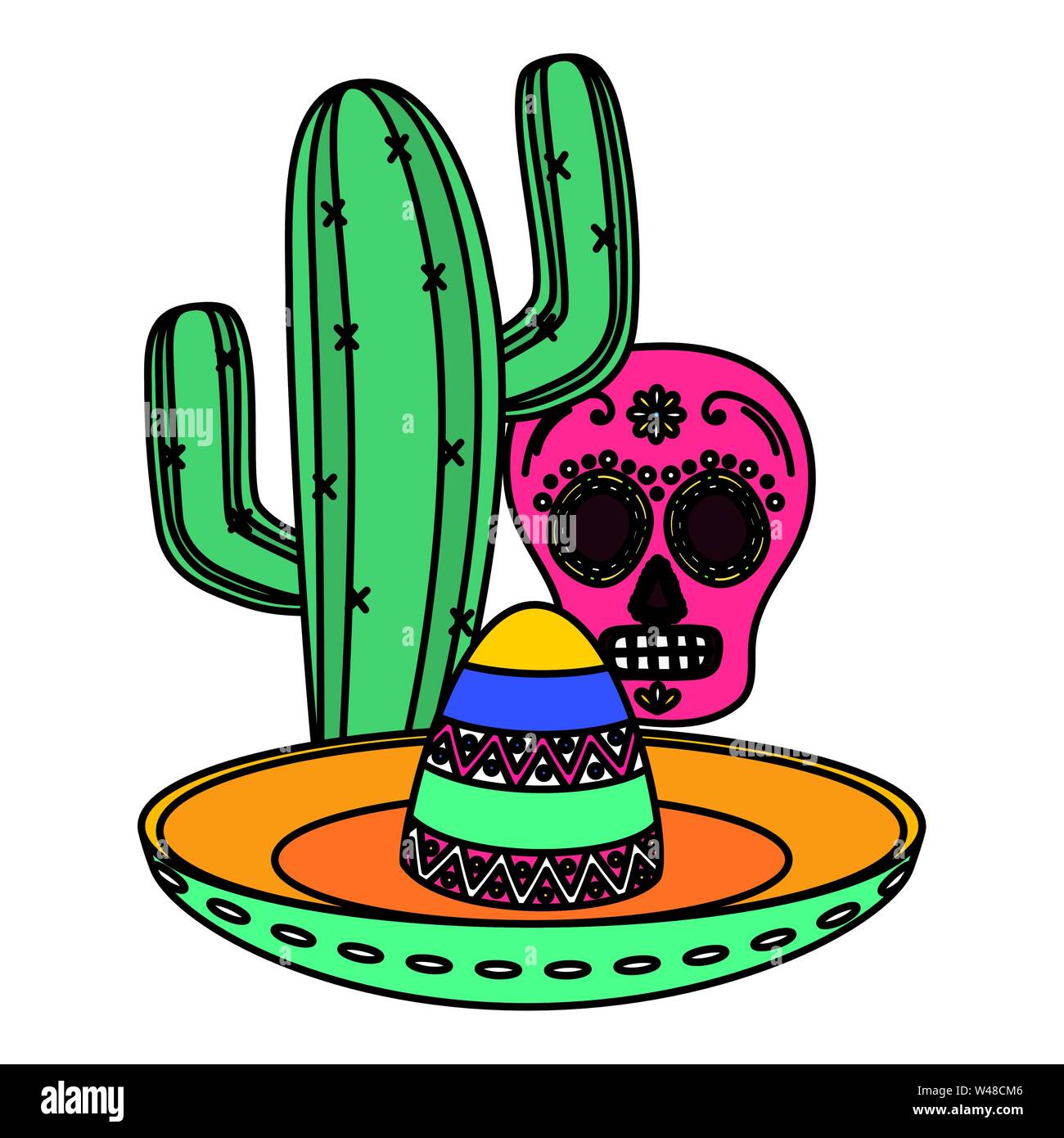 day of the dead celebration skull mask with mexican hat and cactu Stock ...