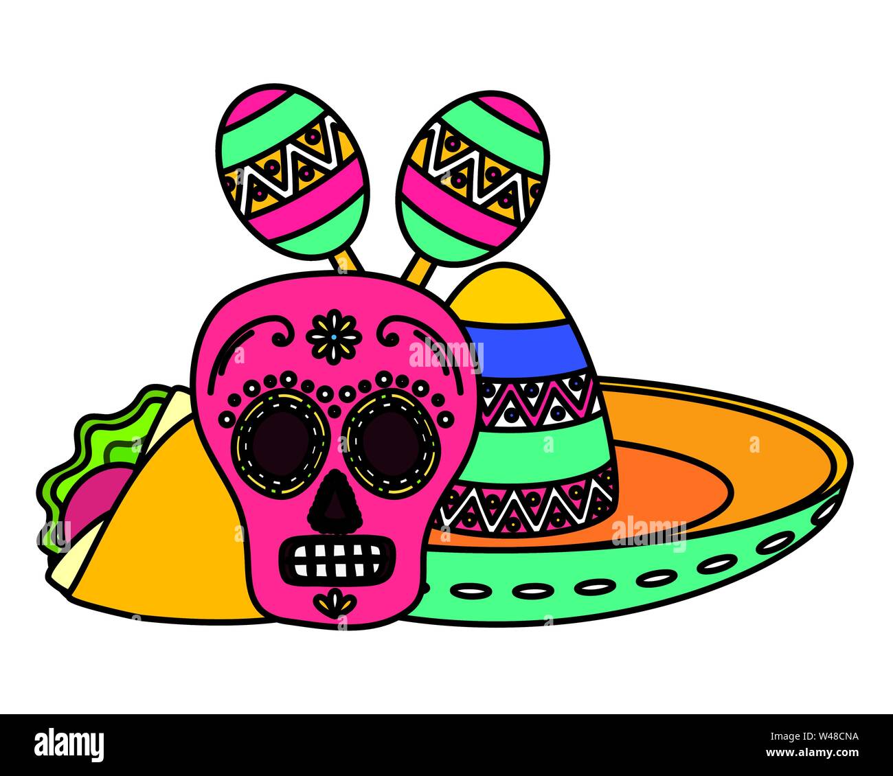day of the dead skull mask with mexican hat and maracas Stock Vector
