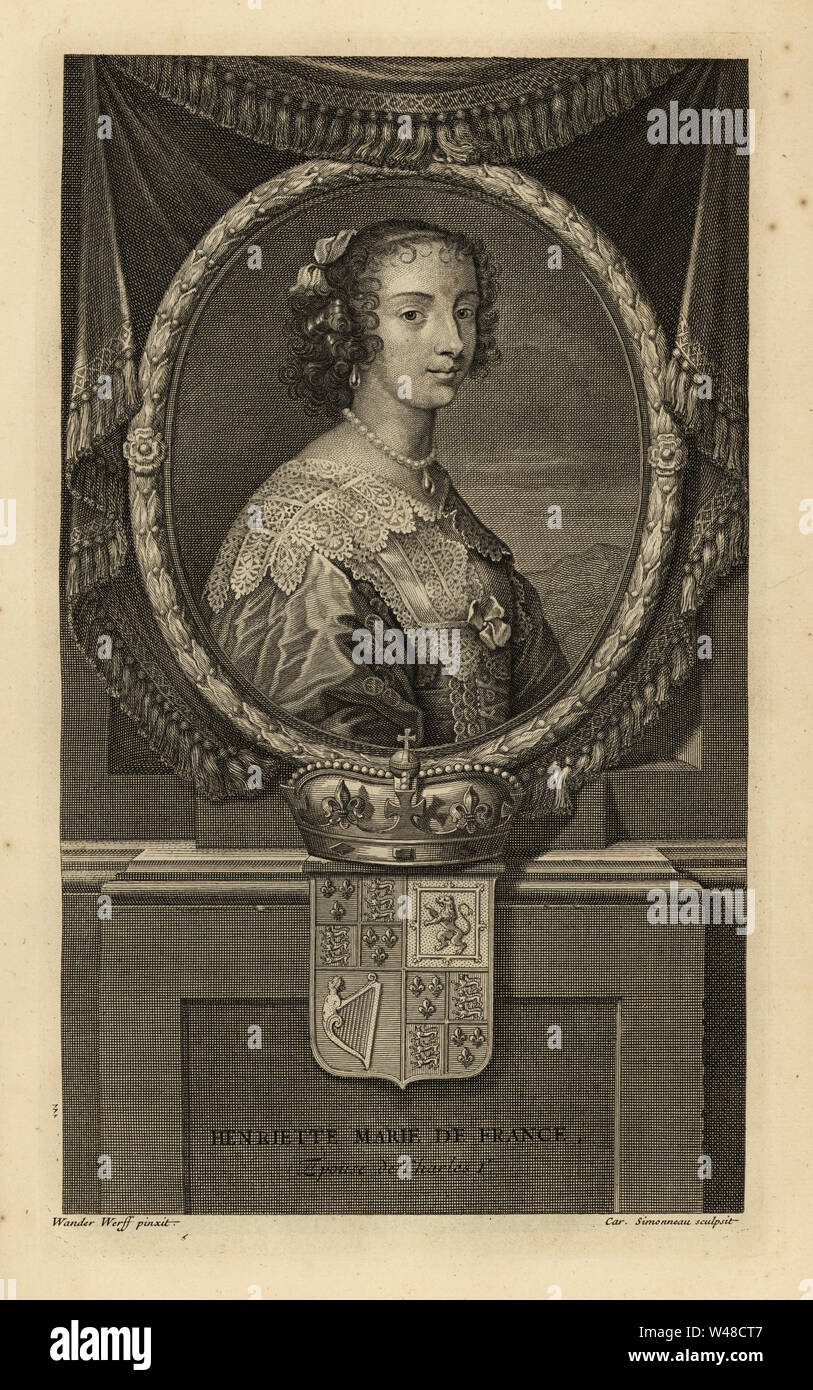 Henrietta Maria of France, wife of King Charles I of England. Henriette Marie de France. In dress with lace collar, pearl necklace. With crown and coat of arms. Copperplate engraving by Charles Simonneau after Adriaen van der Werff from Isaac de Larrey’s Histoire d’Angleterre, d’Ecosse et d’Irlande, Amsterdam, 1730. Stock Photo