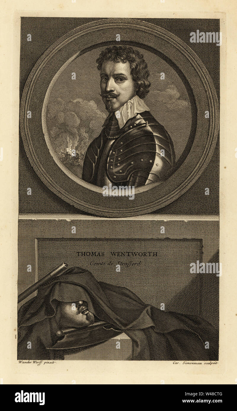 Thomas Wentworth, 1st Earl of Stafford, English statesman. Comte de Stafford. In lace collar over a suit of armour. With death mask, axe and baton below. Copperplate engraving by Charles Simonneau after Adriaen van der Werff from Isaac de Larrey’s Histoire d’Angleterre, d’Ecosse et d’Irlande, Amsterdam, 1730. Stock Photo
