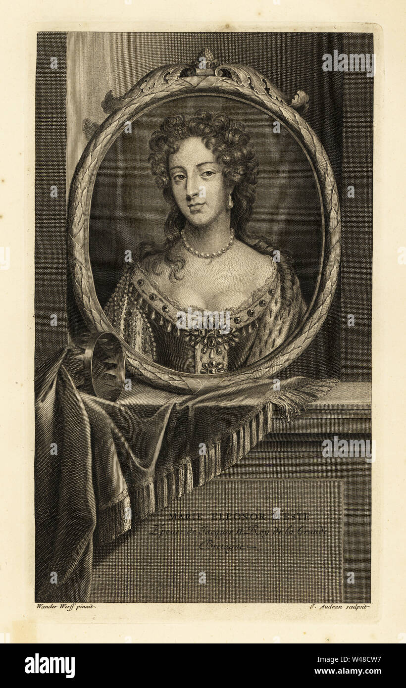Mary of Modena, wife of King James II of Great Britain, epouse de Jacques II Roy de la Grande Bretagne. In velvet and ermine gown decorated with gems, pearl necklace. Crown outside frame. Copperplate engraving by Jean Audran after Adriaen van der Werff after a painting by Godfrey Kneller from Isaac de Larrey’s Histoire d’Angleterre, d’Ecosse et d’Irlande, Amsterdam, 1730. Stock Photo