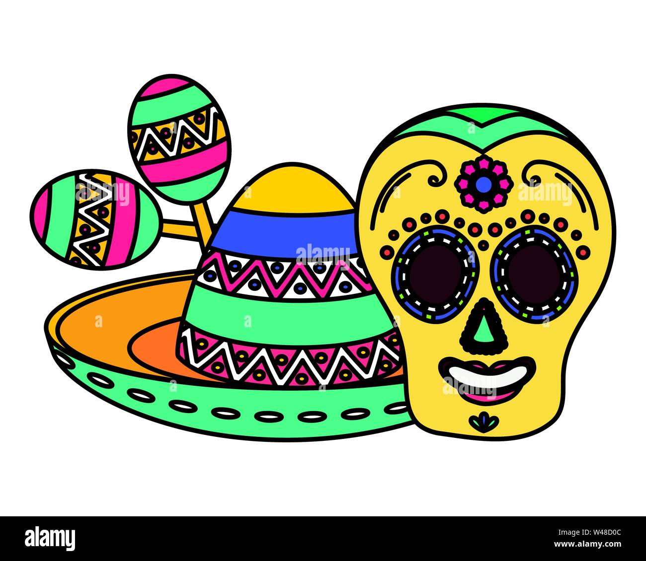 day of the dead skull mask with mexican hat and maracas Stock Vector ...