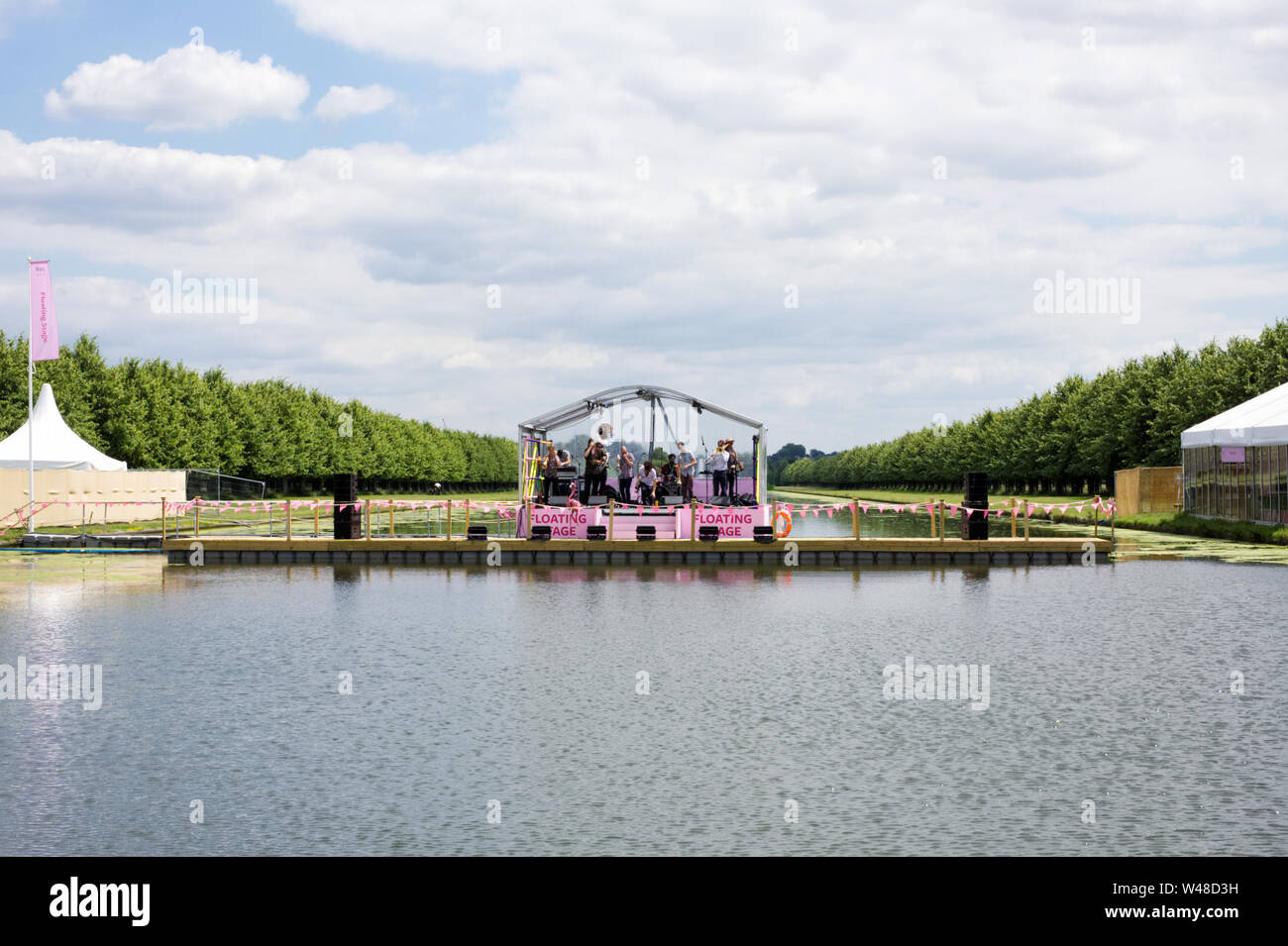 The Brass Funkeys on the floating stage at Hampton Court Palace, RHS Flower Festival. Stock Photo