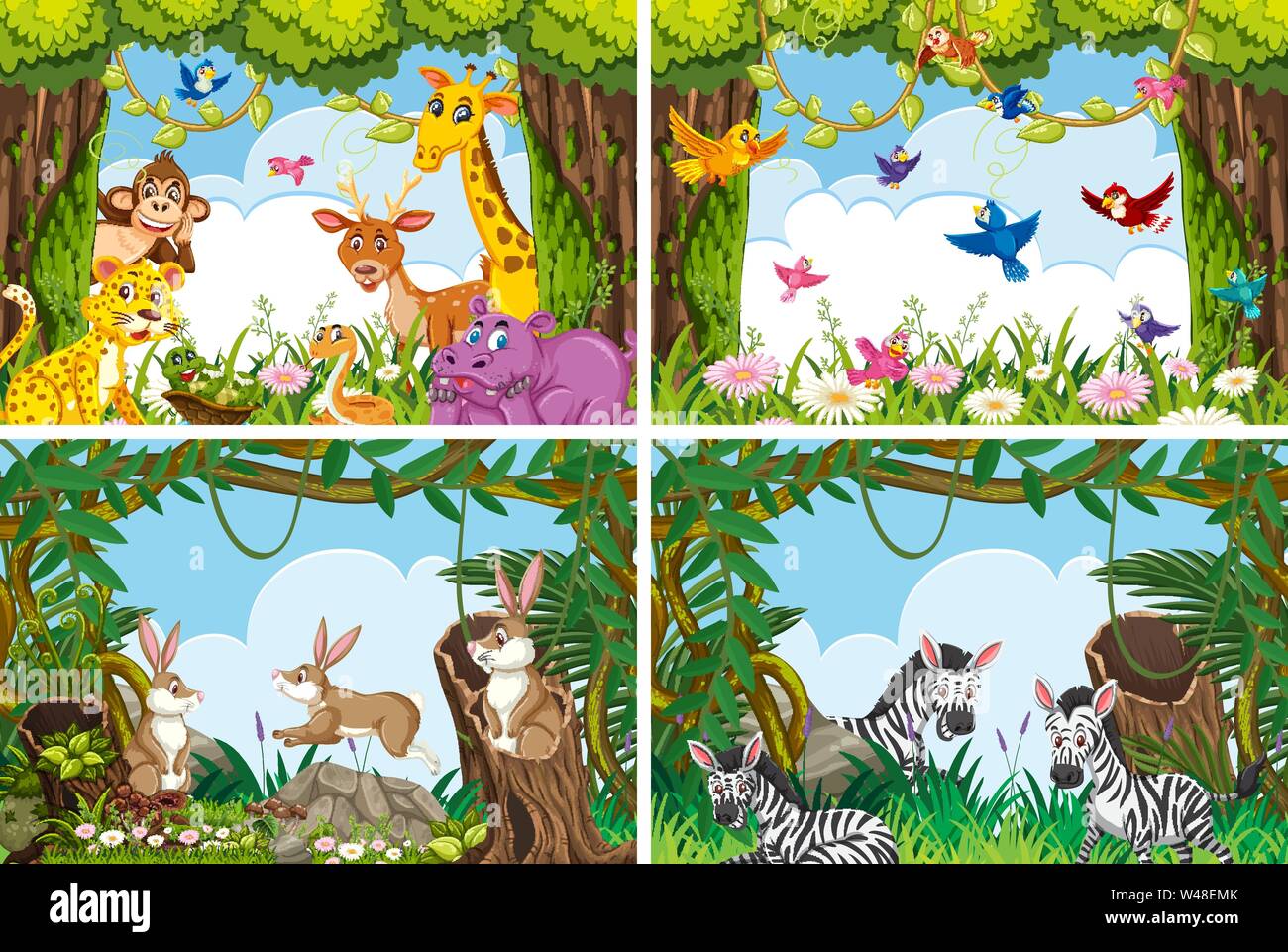 Set of various animals in nature scenes illustration Stock Vector