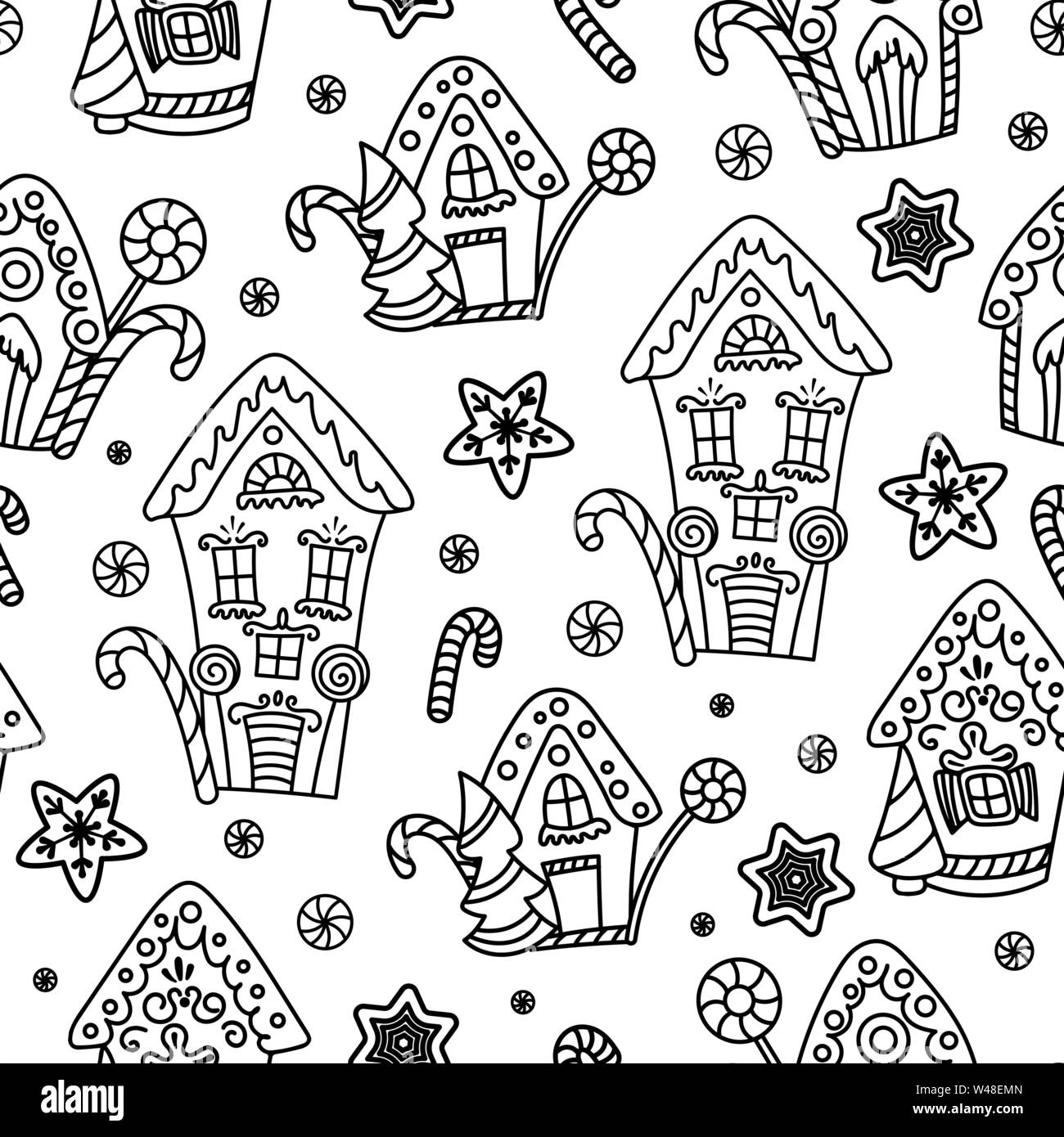 Christmas Seamless Pattern With Gingerbread House Candy Canes And Lollipops Hand Drawn Doodle Style Black And White Vector Illustration Isolated On White Background Perfect For Coloring Pages Stock Vector Image Art