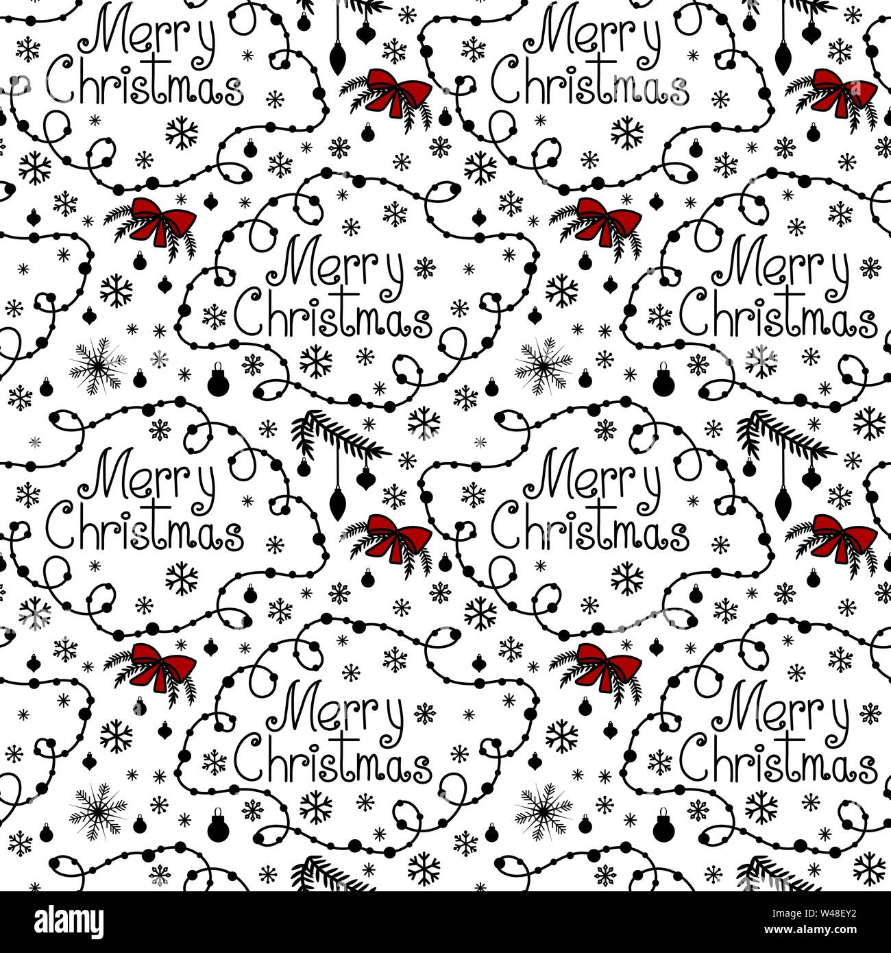 Merry Christmas background with hand drawn text, swirls and snowflakes. Hand drawn doodle style. Red and black colors. Isolated on white background. Perfect for wrapping paper, wallpaper, fabric print Stock Vector