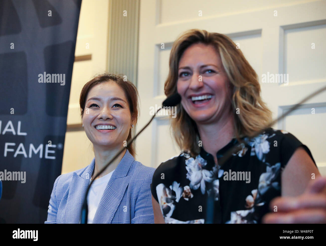 Rhode Island, USA. 20th July, 2019. Mary Pierce (R) of France and Li Na of China attend a press conference before the induction ceremony of the International Tennis Hall of Fame in Newport of Rhode Island, the United States, July 20, 2019. Credit: Wang Ying/Xinhua/Alamy Live News Stock Photo