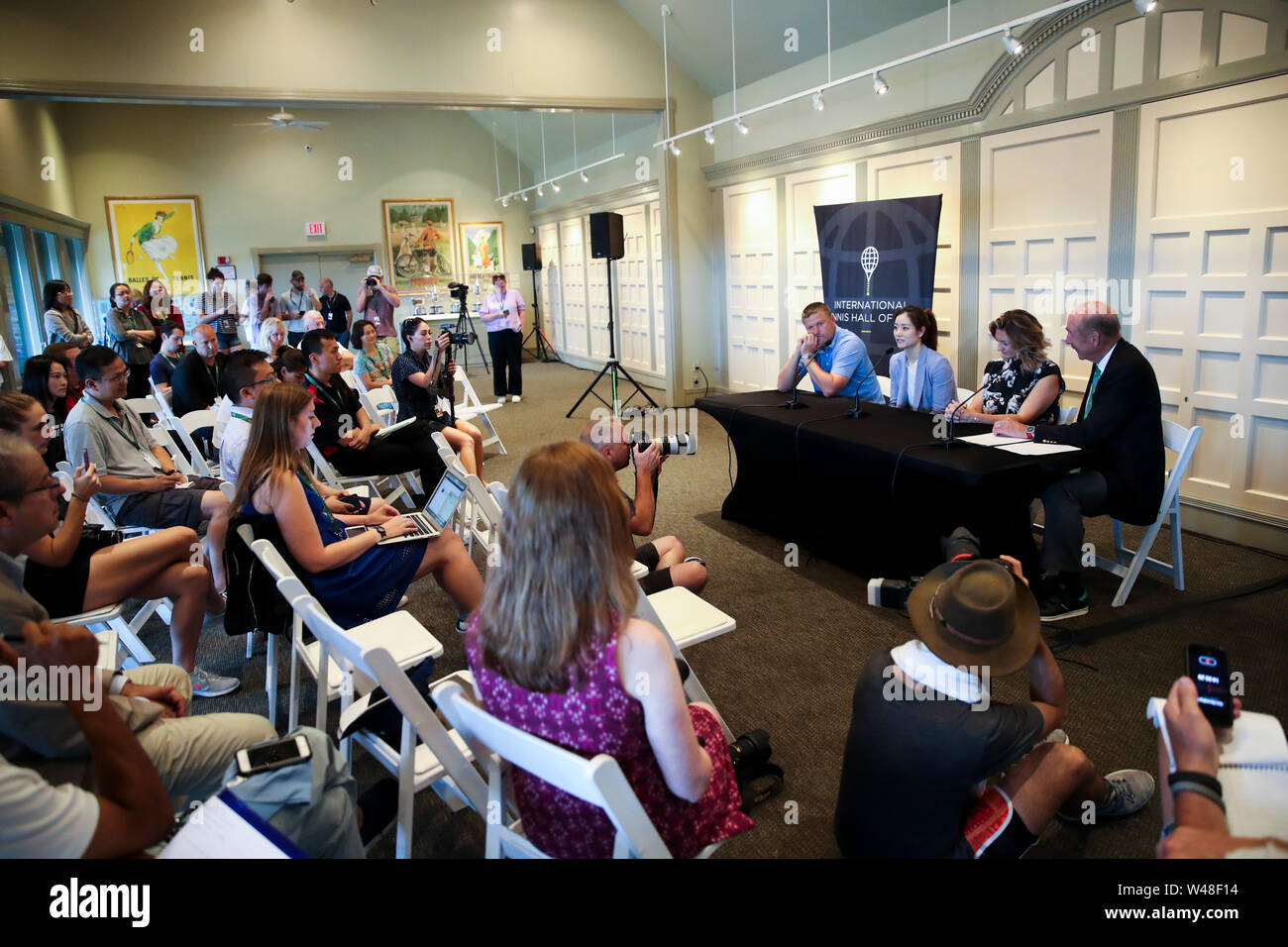 Rhode Island, USA. 20th July, 2019. Mary Pierce (2nd R) of France, Li Na (3rd R) of China and Yevgeny Kafelnikov (4th R) of Russia attend a press conference before the induction ceremony of the International Tennis Hall of Fame in Newport of Rhode Island, the United States, July 20, 2019. Credit: Wang Ying/Xinhua/Alamy Live News Stock Photo