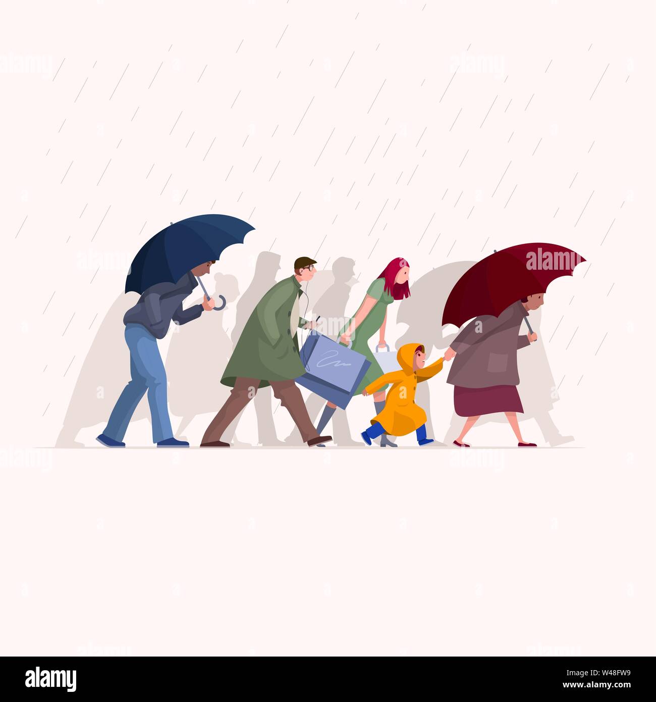 People walking in the rain. Rainy day in autumn season. Man, woman and kid characters vector flat illustration. Stock Vector