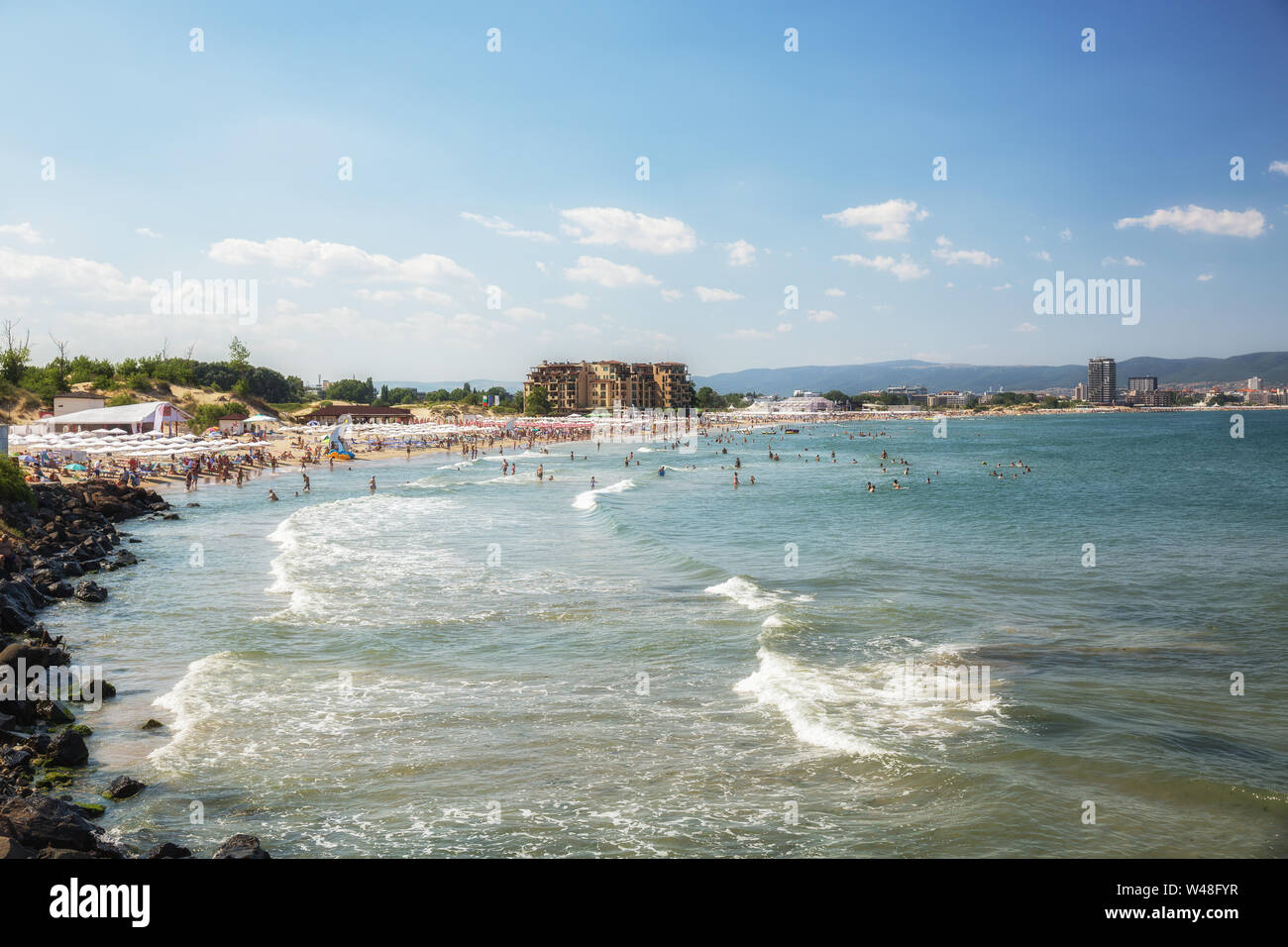 Panoramic view of the Sunny Beach resort (Slanchev Bryag) in Bulgaria, a popular resort on the Black Sea Stock Photo