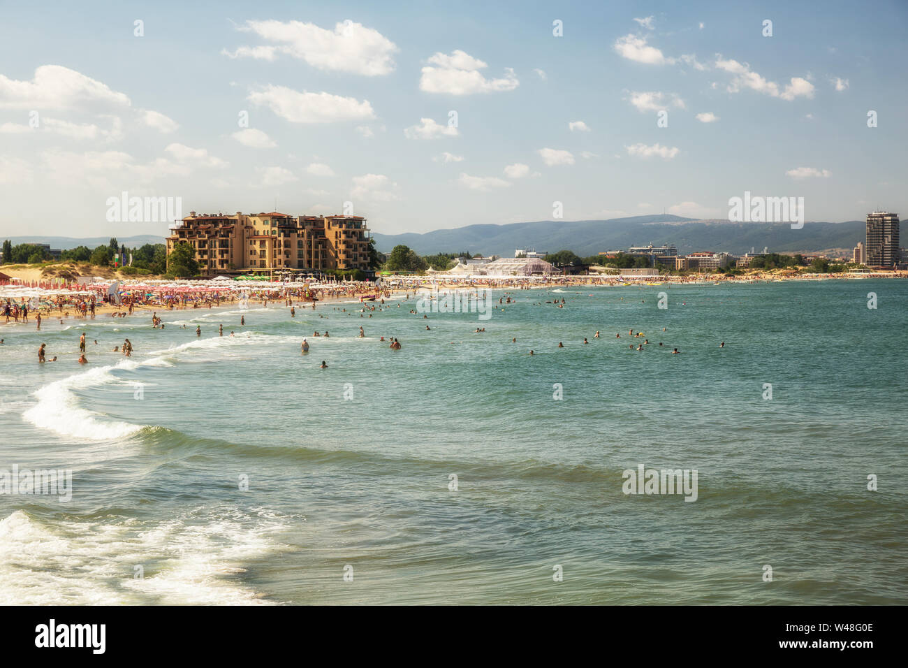 Panoramic view of Sunny Beach resort (Slanchev Bryag) in Bulgaria, a popular resort on the Black Sea Stock Photo