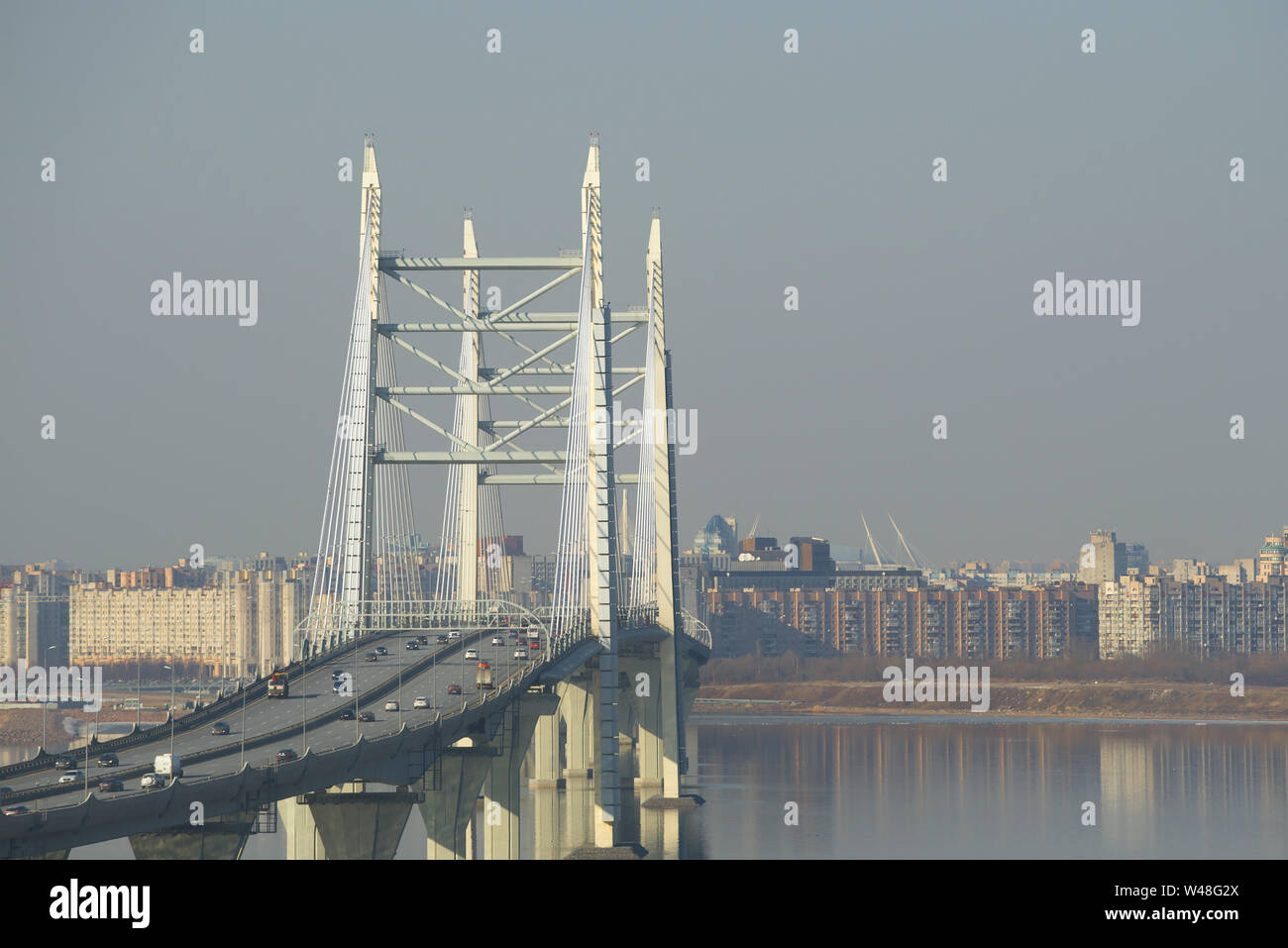 SAINT-PETERSBURG, RUSSIA - APRIL 05, 2019: View of the cable-stayed bridge on the Western High-Speed Diameter of the ring road on April day Stock Photo
