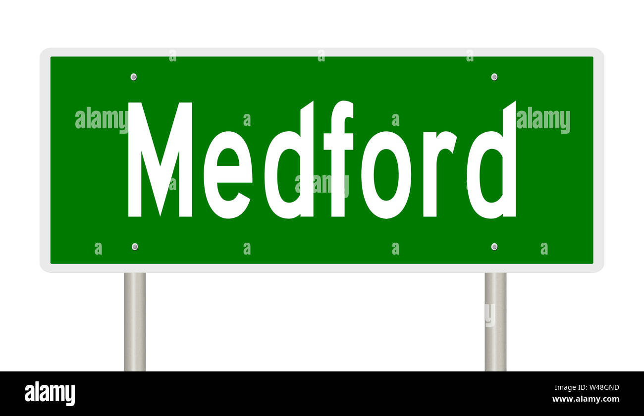 Rendering of a green highway sign for Medford Oregon Stock Photo
