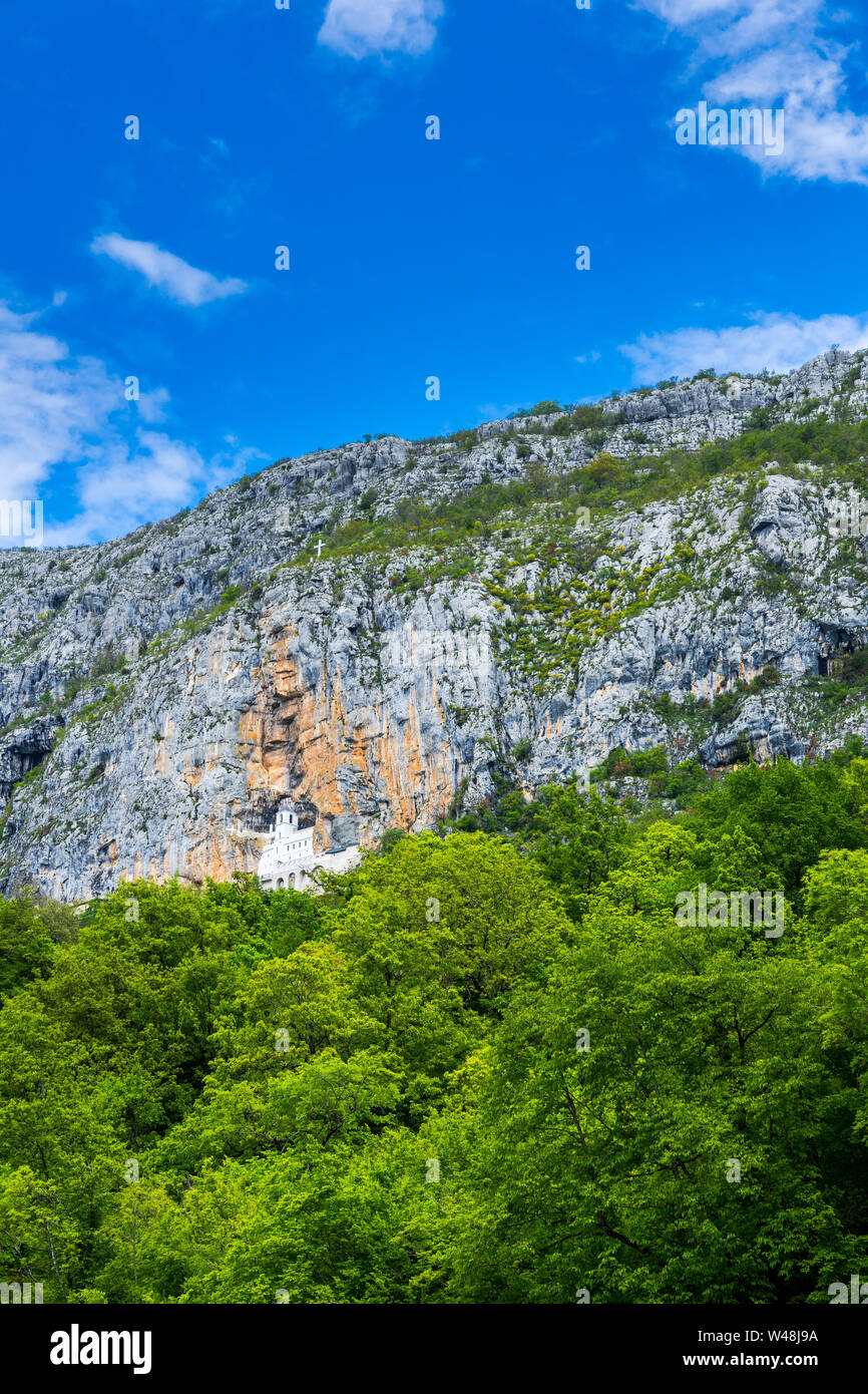 Montenegro, Ancient building of ostrog monastery carved out of rock wall cliff visited by hundreds of thousands pilgrims every year to see miracles on Stock Photo