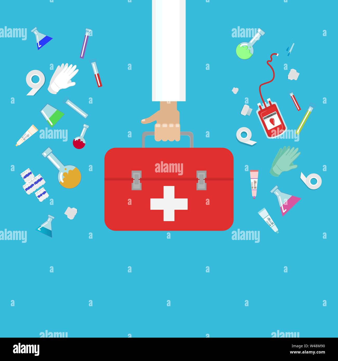 Medical equipment flat web and print doctor hand with first aid bag medical supplies, creative