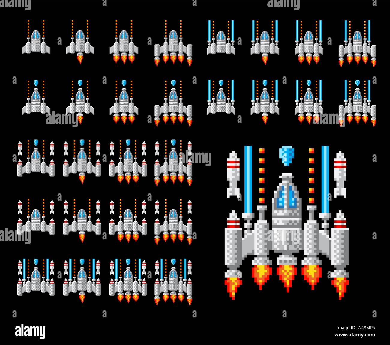 Space Ship Pixel Art Video Arcade Game Cartoon Stock Vector