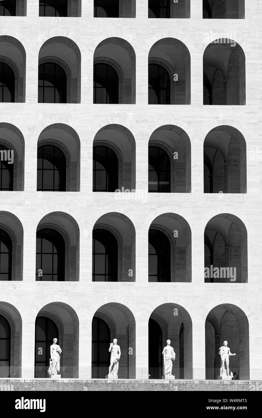 The Palazzo della Civilta del Lavoro, designed in 1937 by Marcello Piacentini, for the Esposizione Universale Roma or EUR, Rome, Italy. Stock Photo