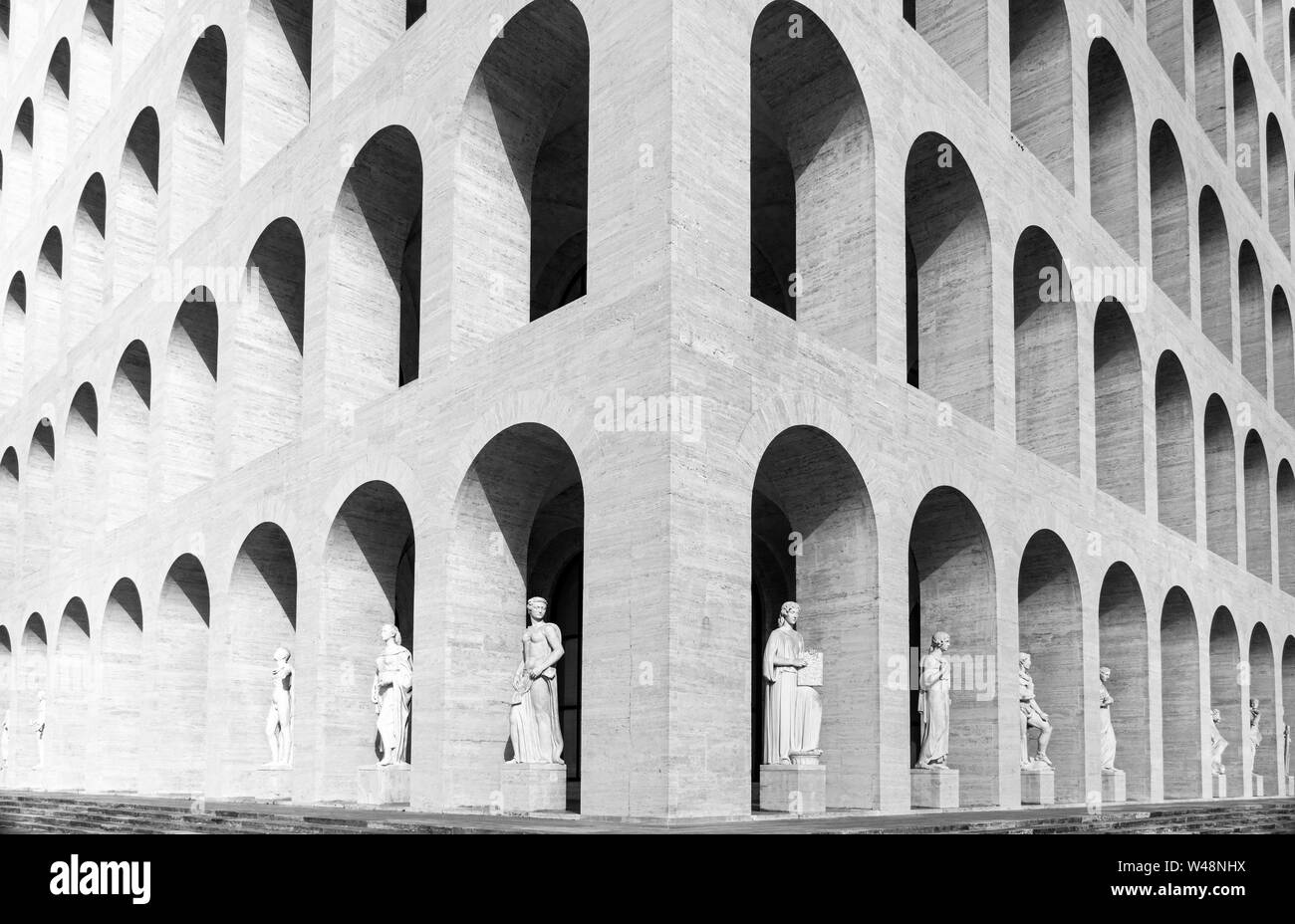 The Palazzo della Civilta del Lavoro, designed in 1937 by Marcello Piacentini, for the Esposizione Universale Roma or EUR, Rome, Italy. Stock Photo