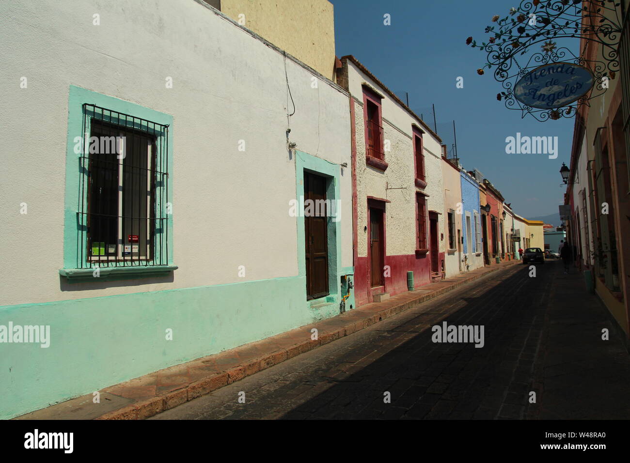 Historic old street in Santiago de Queretaro, Mexico. Stock Photo