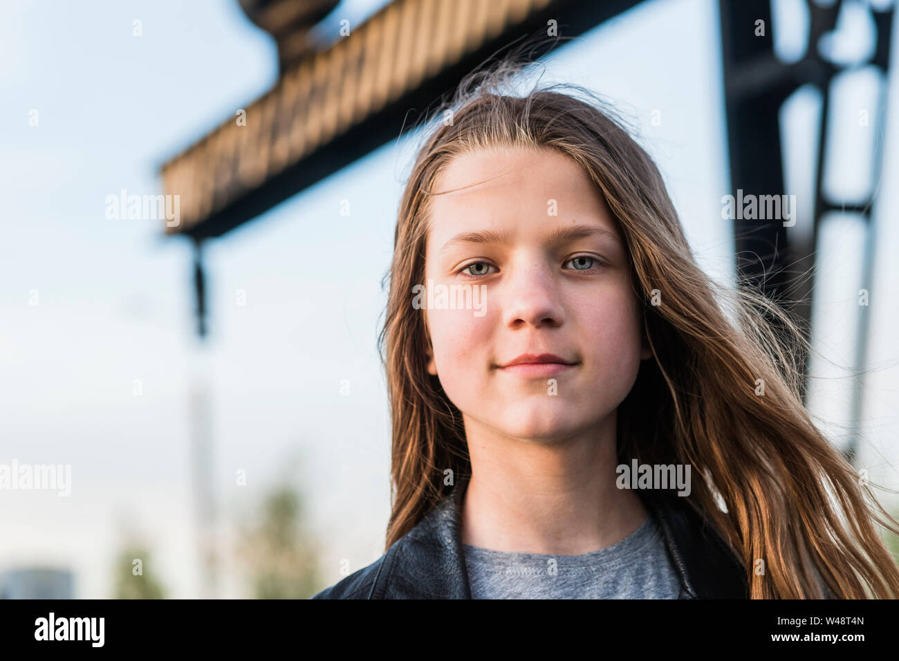teenage girl face protrait at windy air outdoors by summer  evening Stock Photo