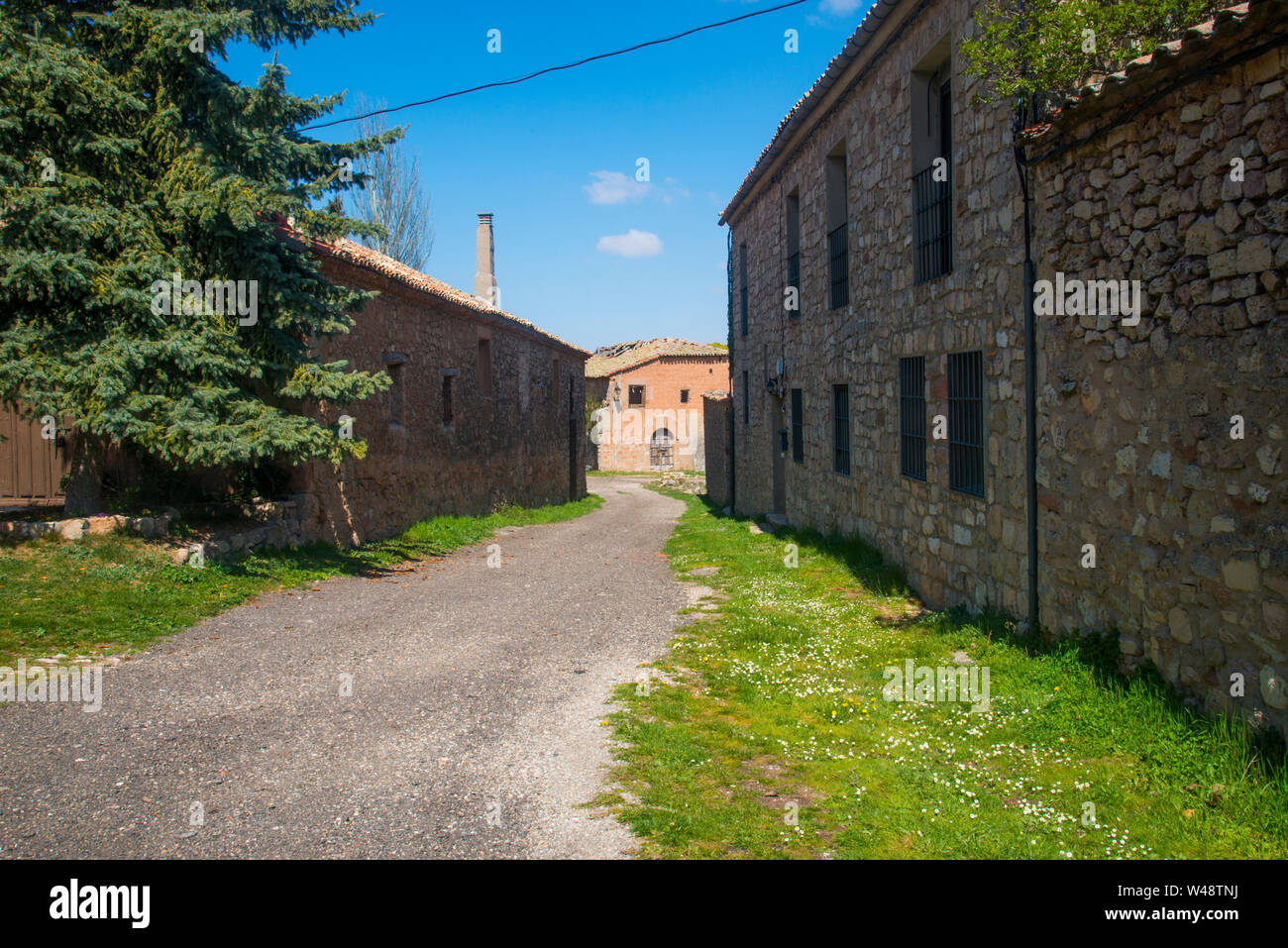 Street and ruins of San Roque convent. Medinaceli, Soria province, Castilla Leon, Spain. Stock Photo