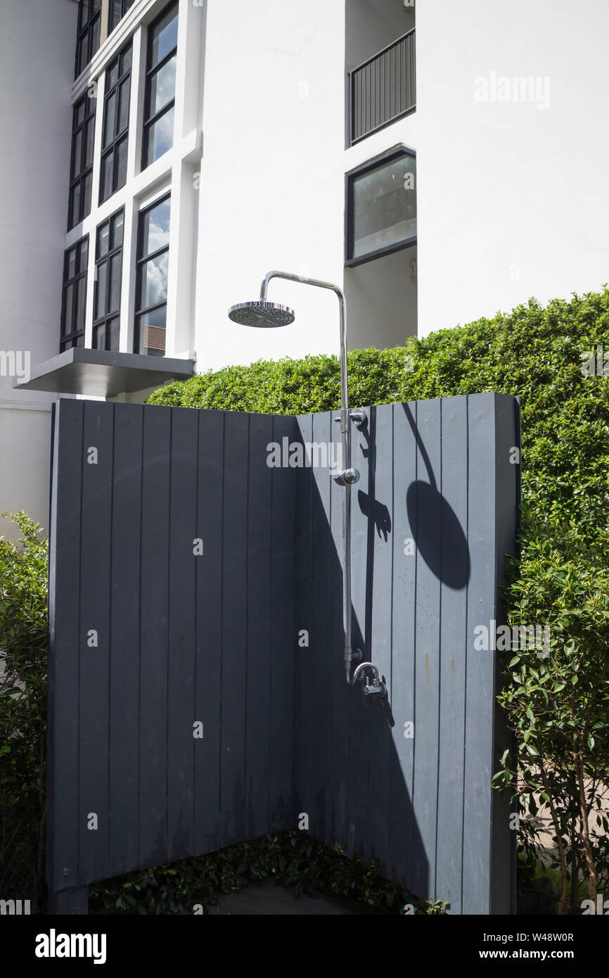 Outdoor shower heads and chrome pipes, stock photo Stock Photo Alamy