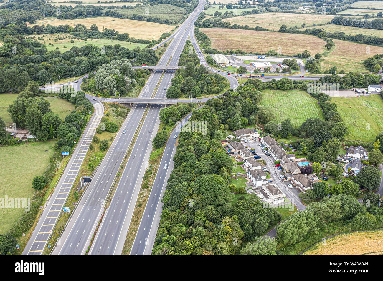 SWINDON UK - JULY 21, 2019: Aerial view of the existing M4 Juntion 15 near Swindon before improvement work starts later this year Stock Photo