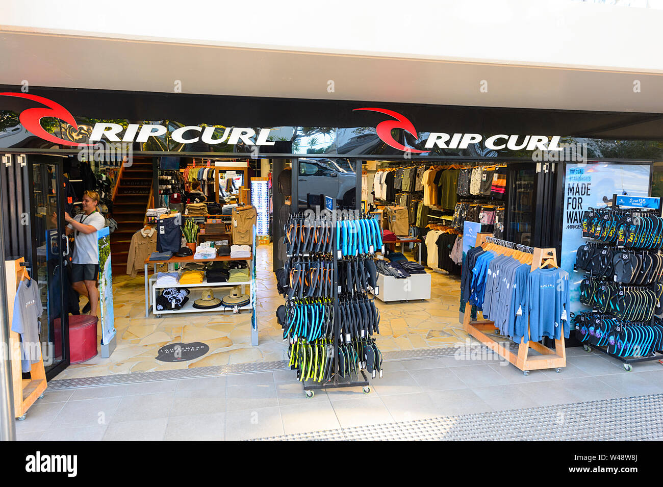 Exterior of a Rip Curl shop specialising in surfing sportswear on popular Hastings Street, Noosa Heads, Sunshine Coast, Queensland, QLD, Australia Stock Photo