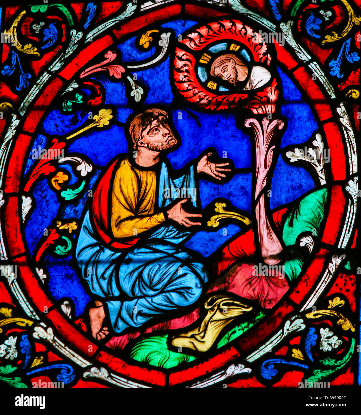 Stained Glass in the Cathedral of Notre Dame, Paris, France, depicting a detail of the Tree of Jesse, the ancestors of Jesus Christ Stock Photo