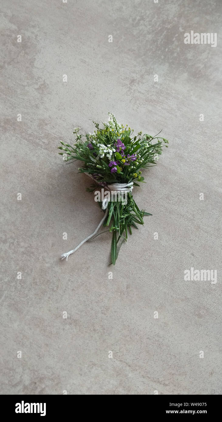 Festive wild flowers composition on the grey background. Overhead view Stock Photo