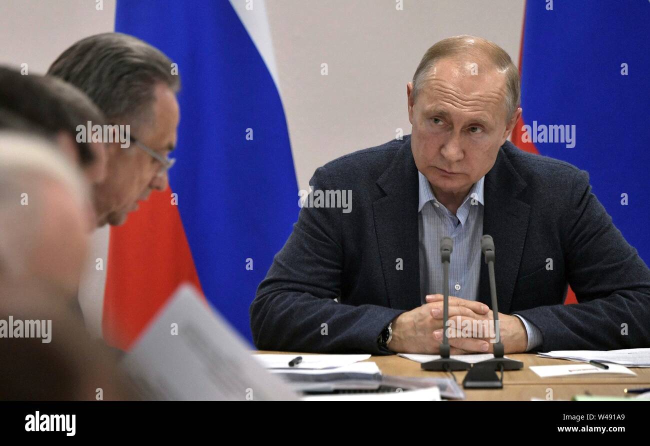 Russian President Vladimir Putin meets with local and regional officials to discuss flood relief efforts in the Irkutsk Region July 19, 2019 in Bratsk, Irkutsk, Russia. The flooding in eastern Siberia is the worst in the recorded history of the region effecting 3,800 homes. Stock Photo