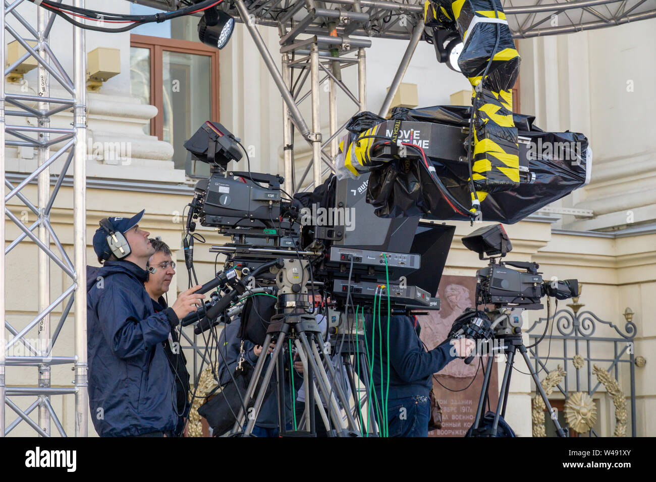 MOSCOW, RUSSIA - MAY 9, 2019: Recording TV program during the Victory Day Parade. TVC channel cameraman Stock Photo