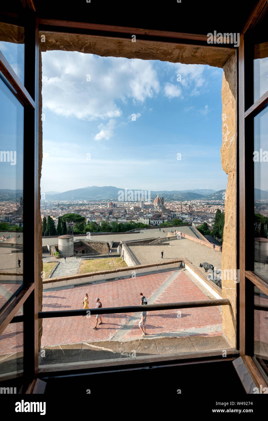 Florence, Italy - 2019, July 7: Florence city skyline. View panorama from a window of the Fort Belvedere. Stock Photo