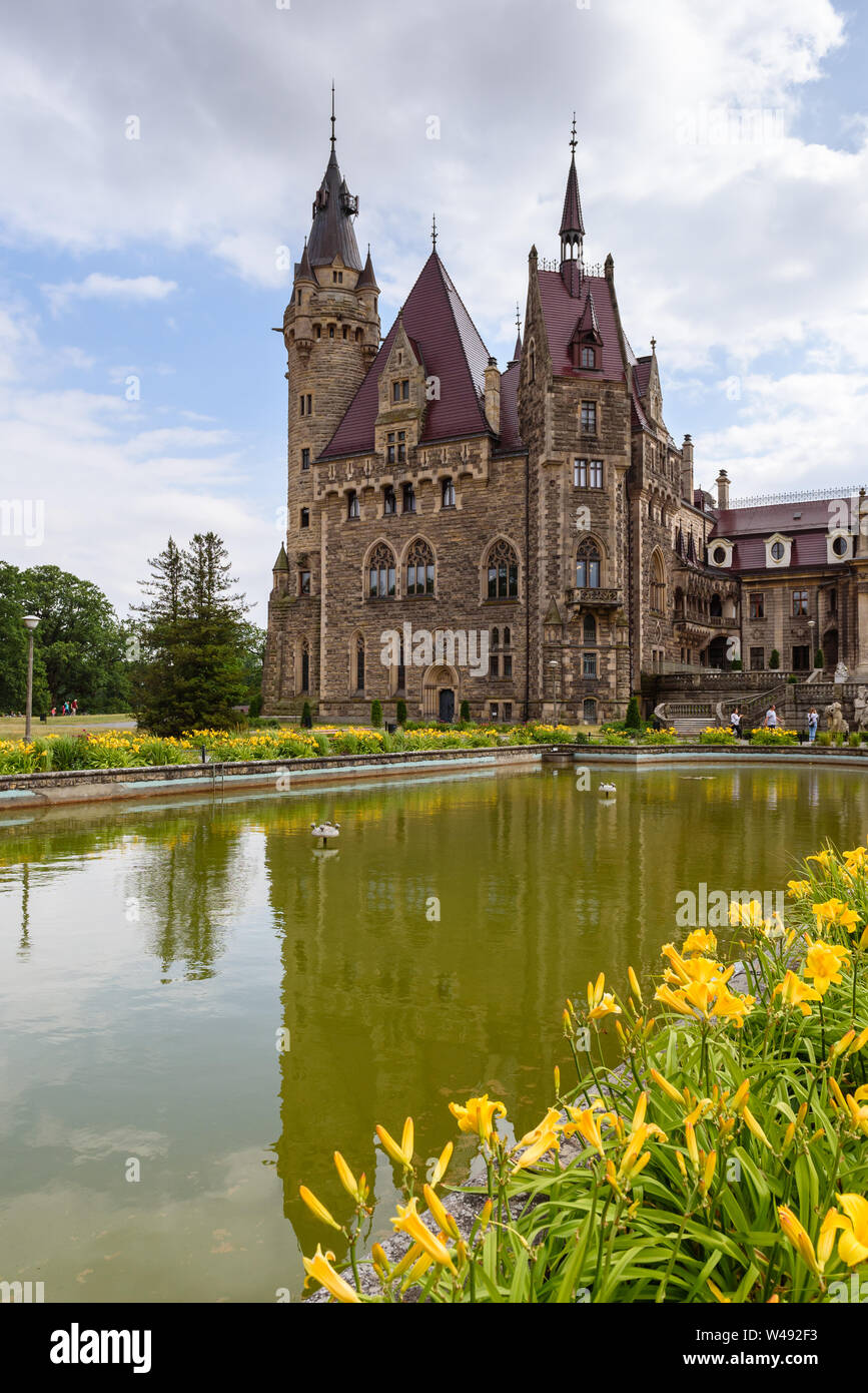 MOSZNA, POLAND - July 16, 2019: The Moszna Castle in southwestern ...