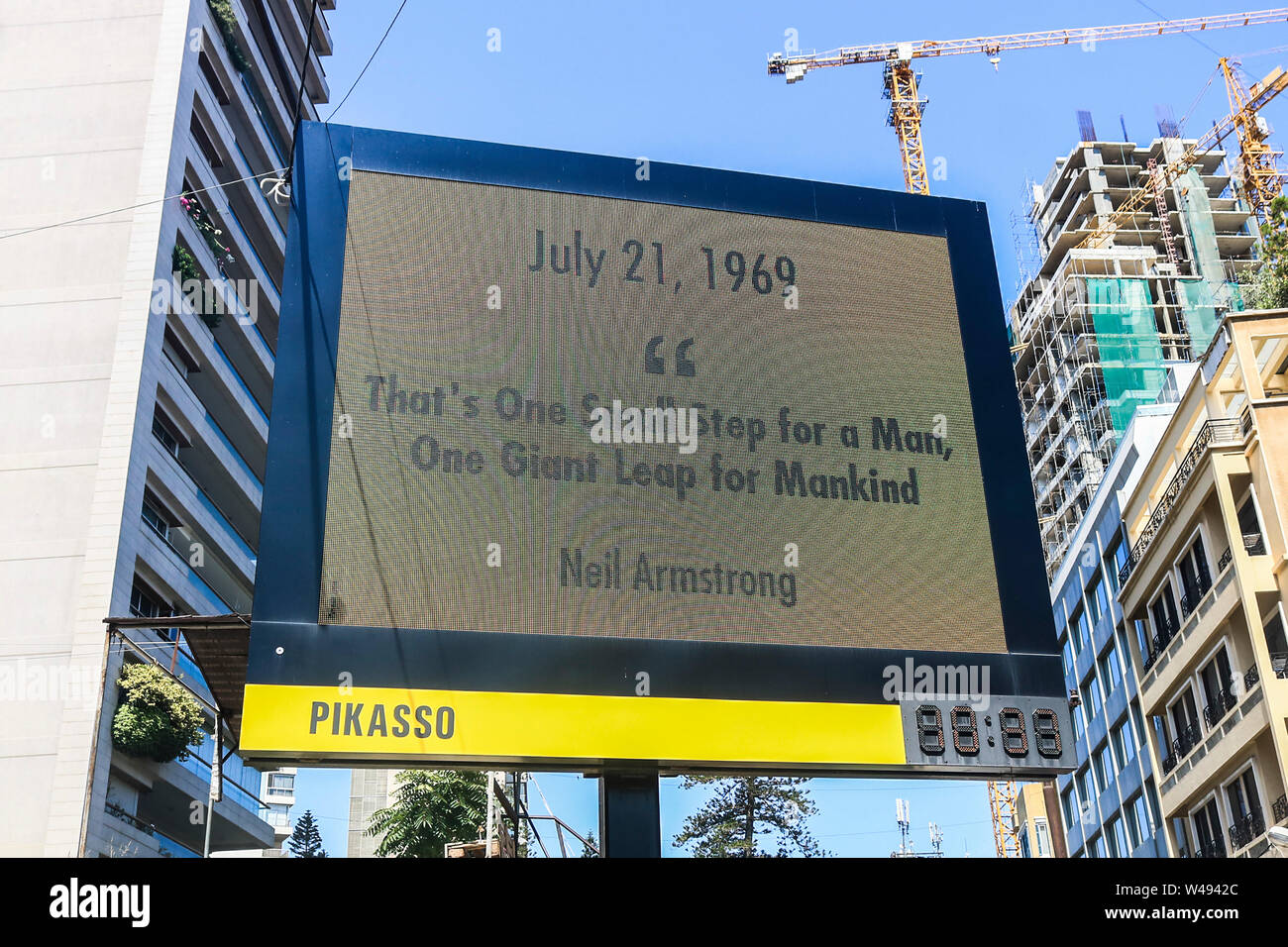 Beirut, Lebanon. 21st July 2019. A giant billboard in Beirut celebrates the 50th anniversary of the Apollo 11 landing on the moon surface on 21 July 1969  by American astronaunt Neil Armstrong who made the famous quote ' That's One Small Step for a Man, One Giant Leap for Mankind' as he stepped off his lunar module on the surface of the moon Credit: amer ghazzal/Alamy Live News Stock Photo