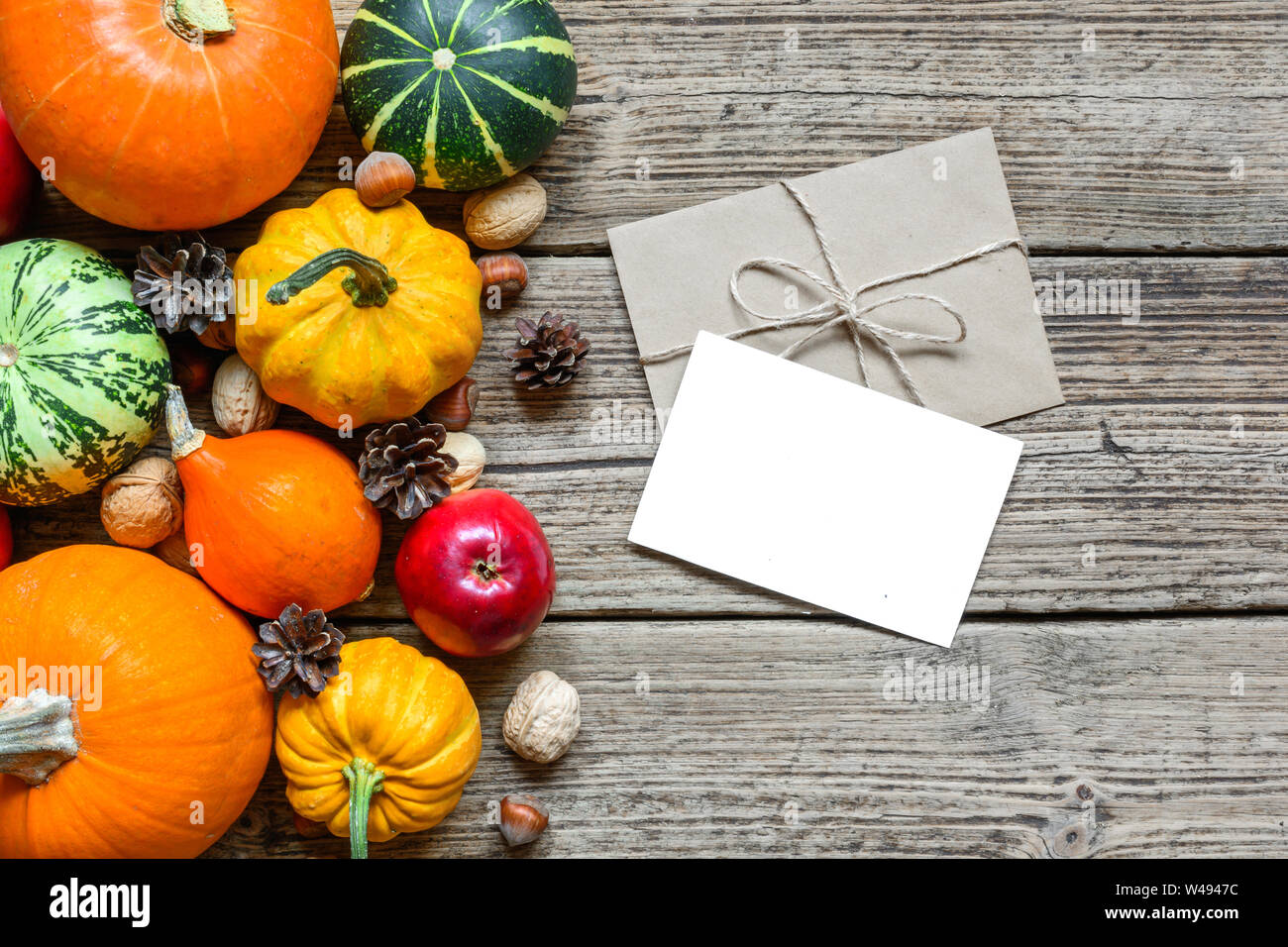 blank greeting card and envelope with Thanksgiving Autumn Fall background with harvested pumpkins, apples, nuts on rustic wooden table. top view. mock Stock Photo