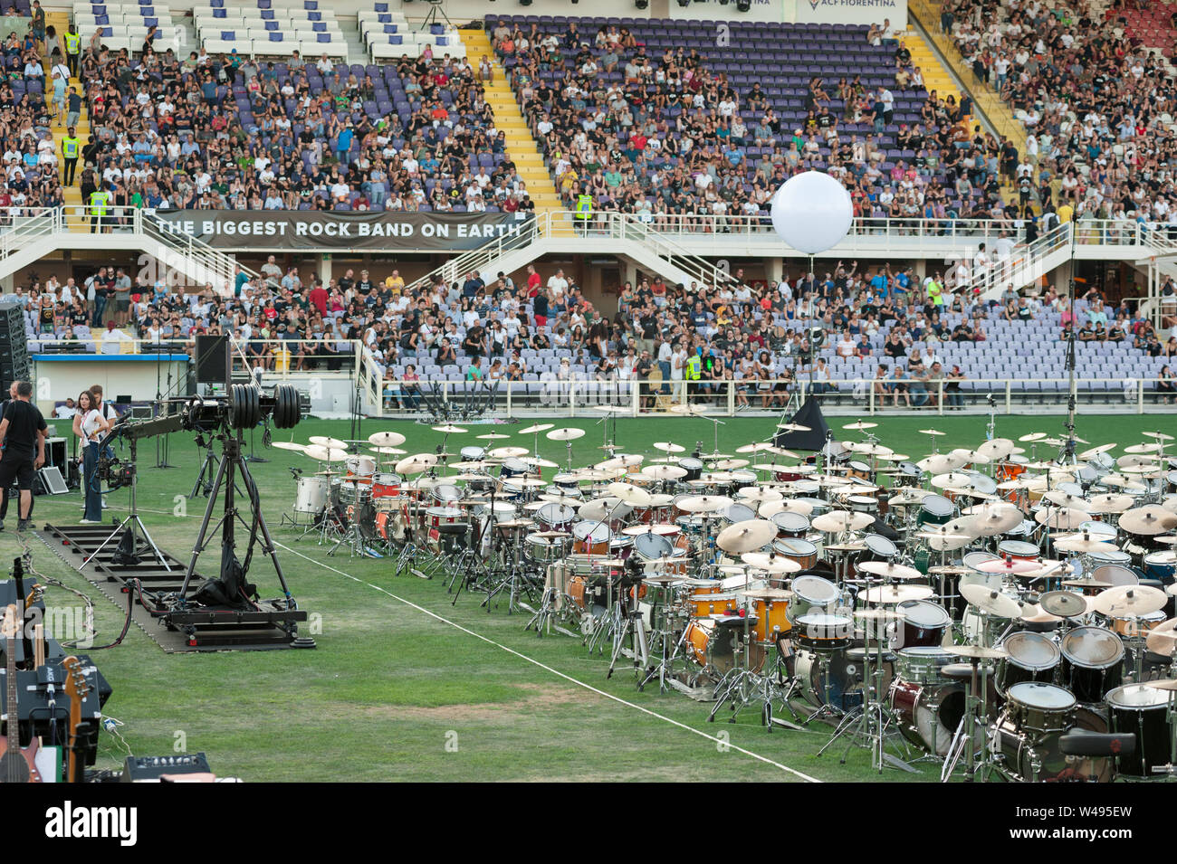 Florence, Italy - 2018, July 21: Drums equipment the “Rockin’1000 - That’s Live”, the biggest rock band in the world. Stock Photo