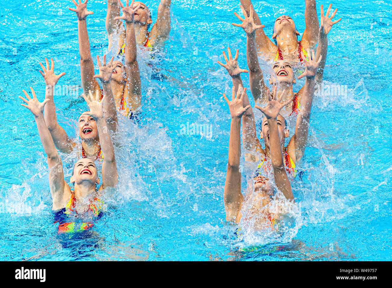 14 july 2019 Gwangju, South Korea 18th FINA World Aquatics Championships  BLECHER Eden, BOBRITSKY Shelly, CHALEMSKY Elina, LITMAN Gal, NAHSHONOV Nikol, NASSEE Ariel, OSTROVSKY Tali, POLKA Yael ISR ISRAEL Gwangju South Korea 14/07/2019 Artistic Swimming Team Technical Preliminaries 18th FINA World Aquatics Championships Yeomju Gymnasium Stock Photo