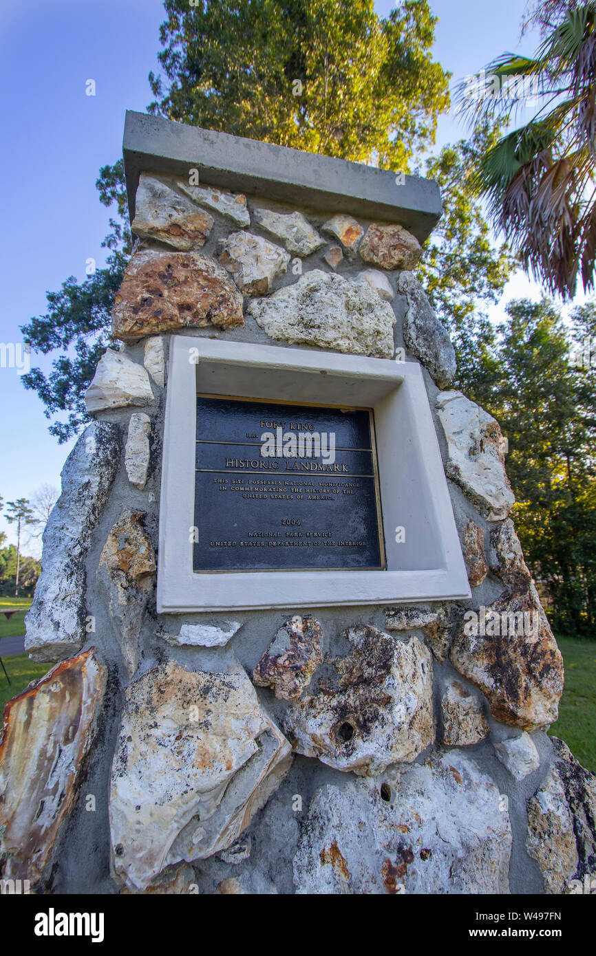 Historic marker at the Reconstruction of historic Fort King, Ocala, Florida. The Fort King